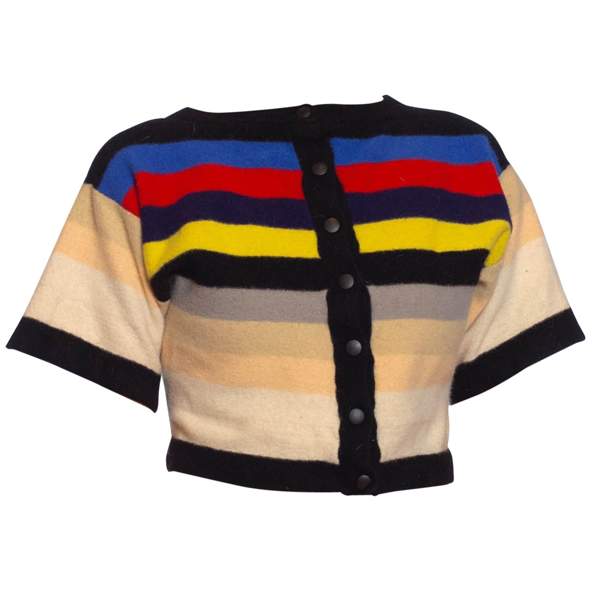 1980S SONIA RYKIEL Boiled Wool Knit Stripe Short Sleeve Cropped Sweater