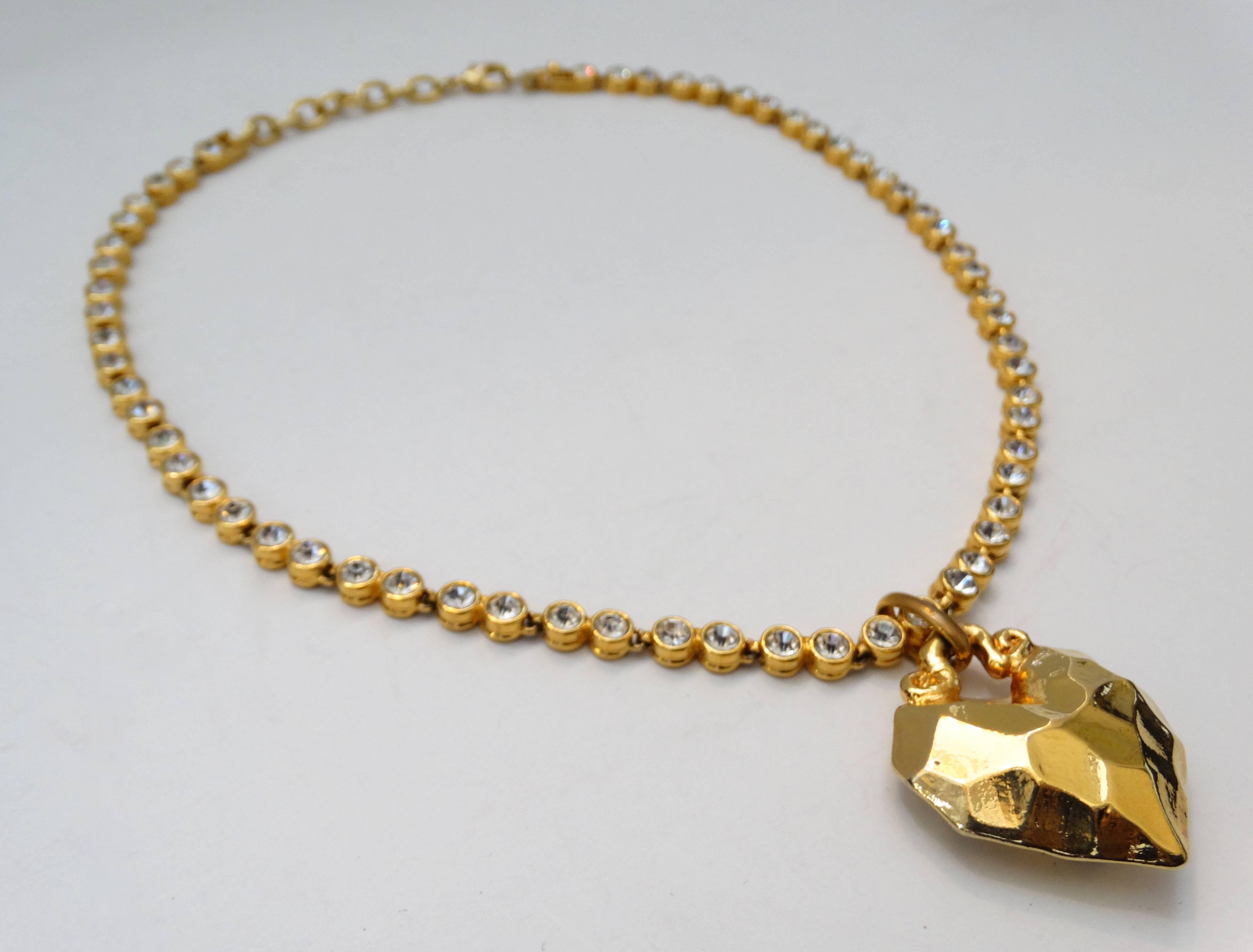 1980s Sonia Rykiel Hammered Heart Pendant Rhinestone Necklace  In Excellent Condition In Scottsdale, AZ