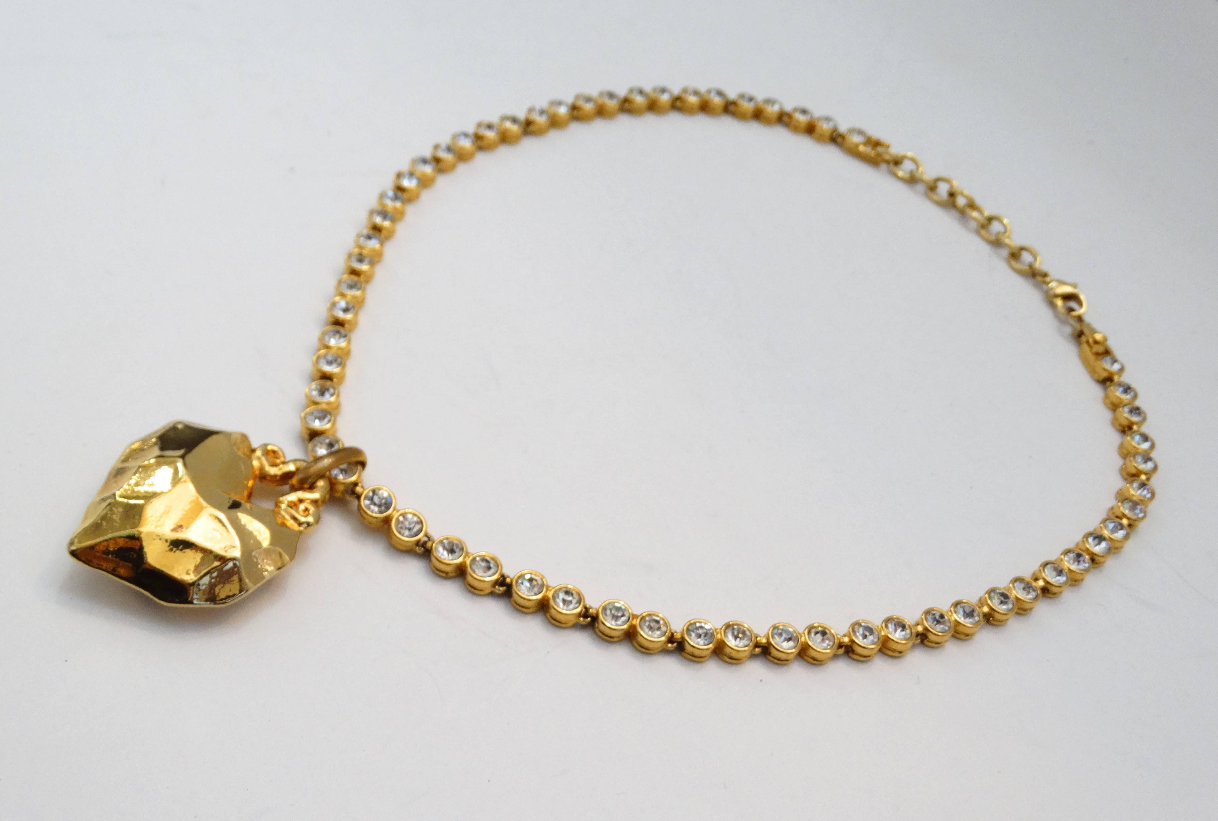 Women's 1980s Sonia Rykiel Hammered Heart Pendant Rhinestone Necklace 