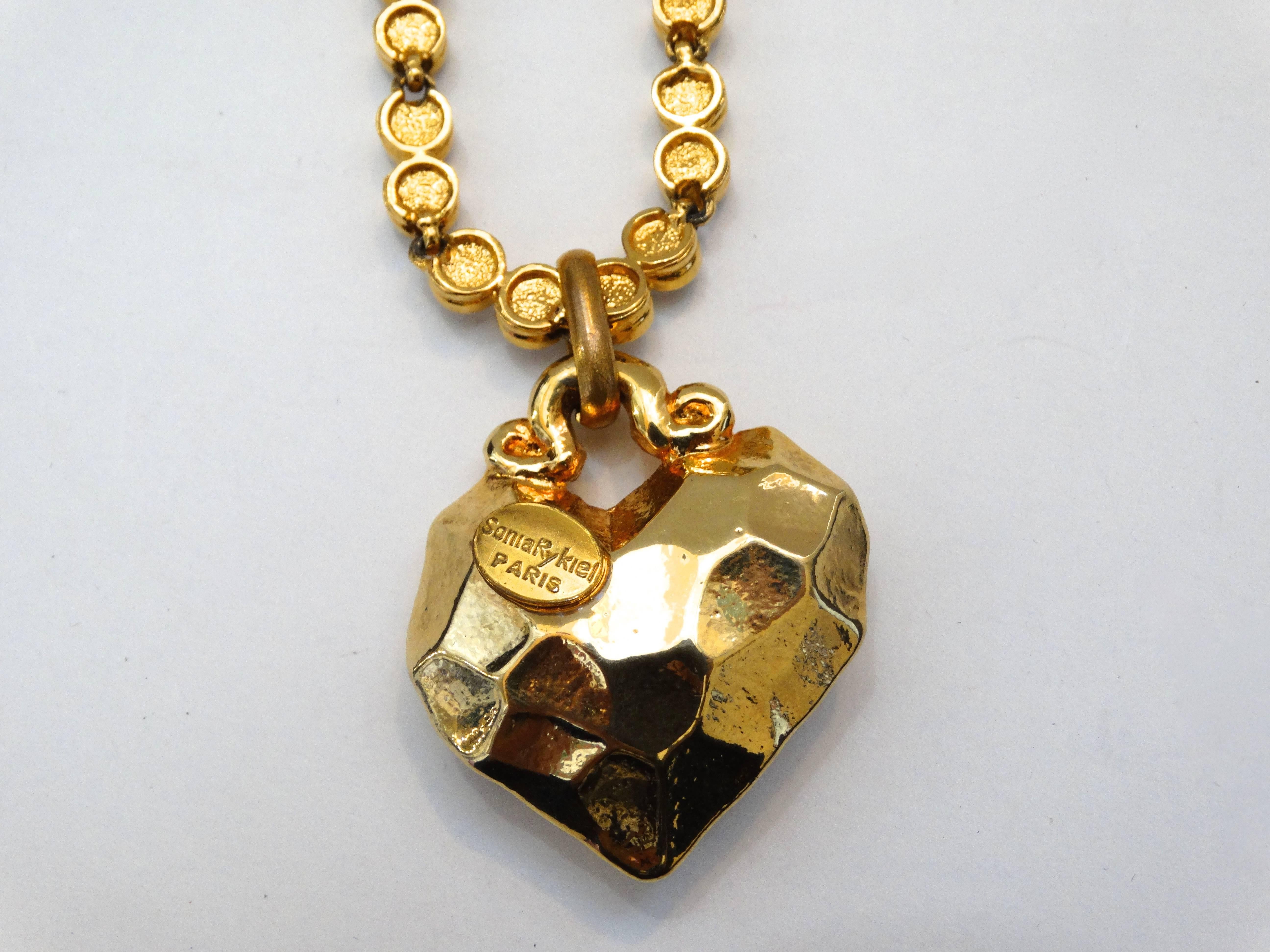 1980s Sonia Rykiel Hammered Heart Pendant Rhinestone Necklace  1
