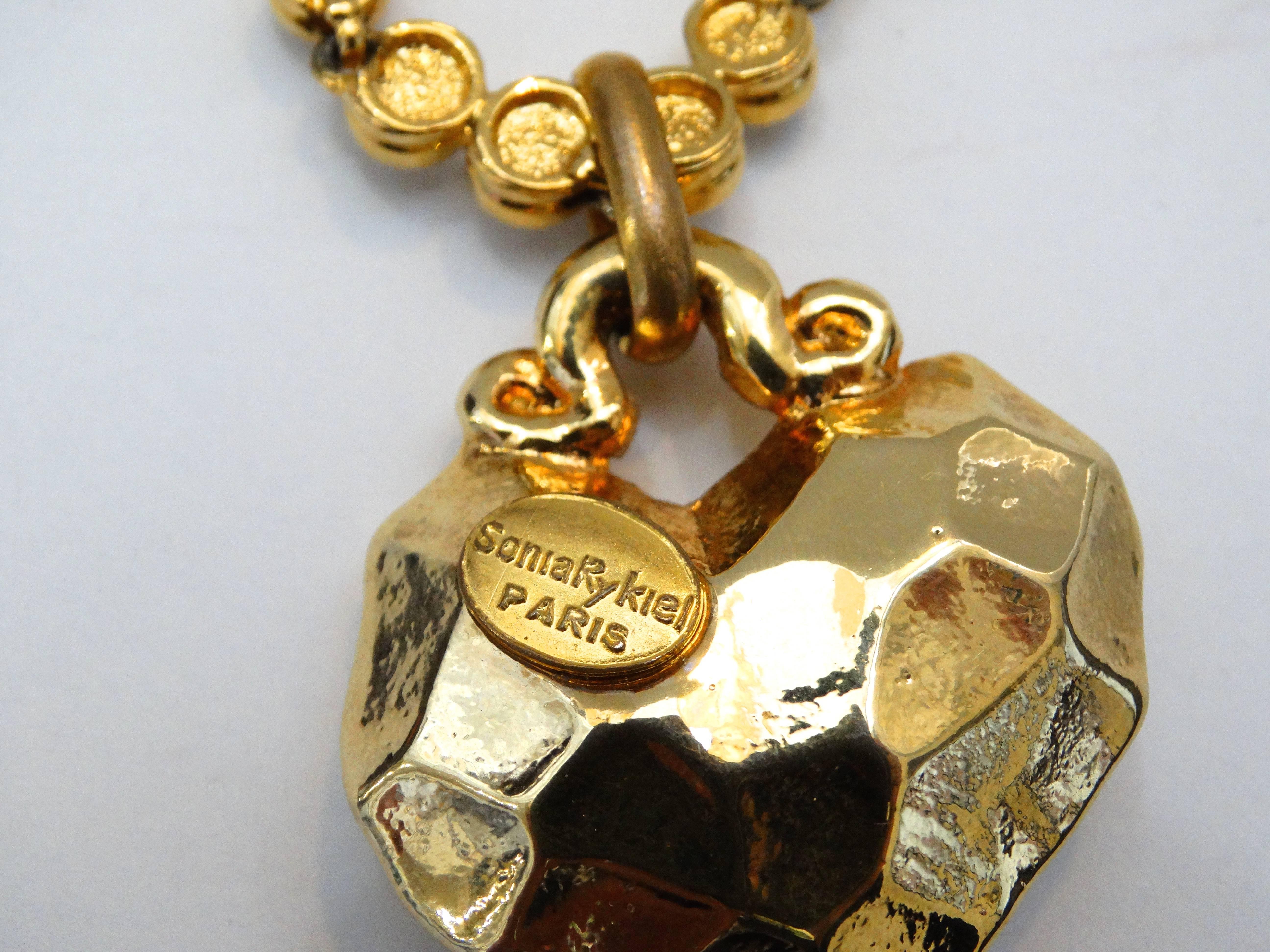 1980s Sonia Rykiel Hammered Heart Pendant Rhinestone Necklace  2