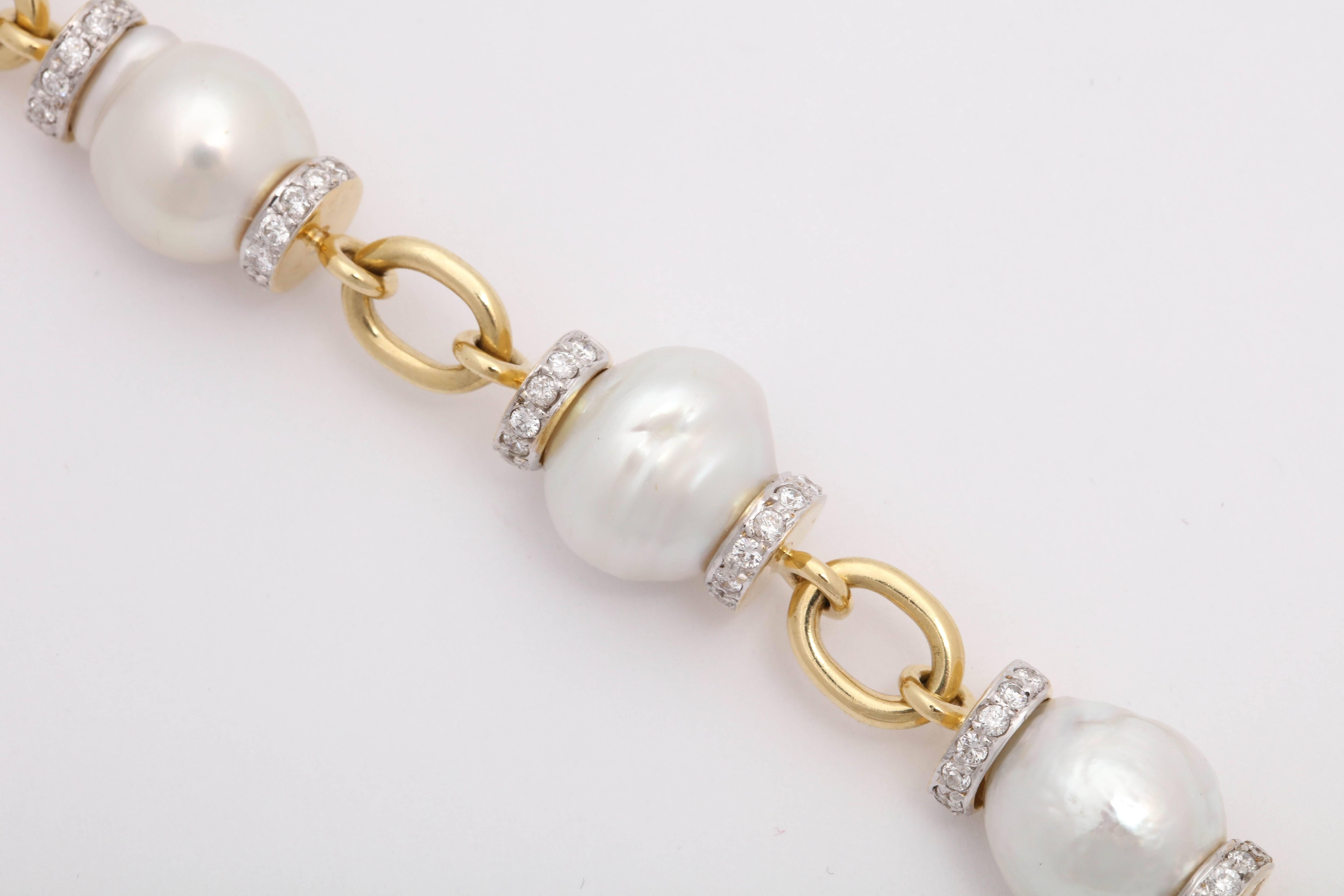 1980s South Sea Baroque Pearl with Diamond Rondelles Fancy Gold Link Bracelet 2