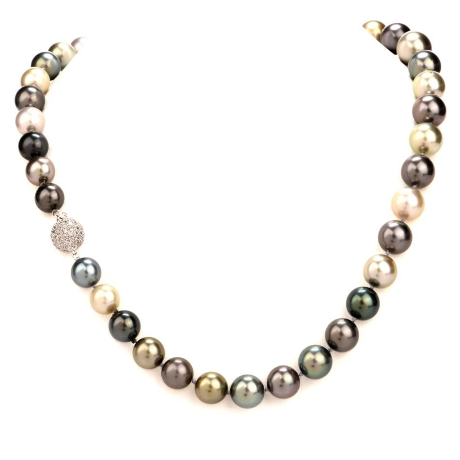 Women's High Lustrous South Sea  Peacock Tone Pearl Diamond Strand Necklace For Sale