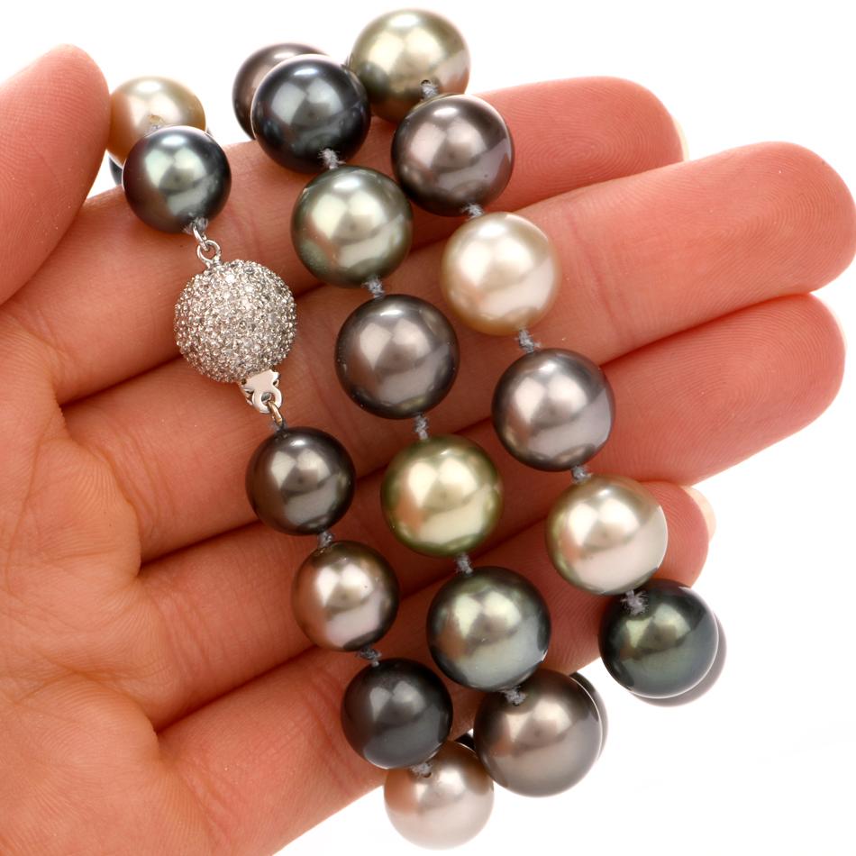 Bead High Lustrous South Sea  Peacock Tone Pearl Diamond Strand Necklace For Sale