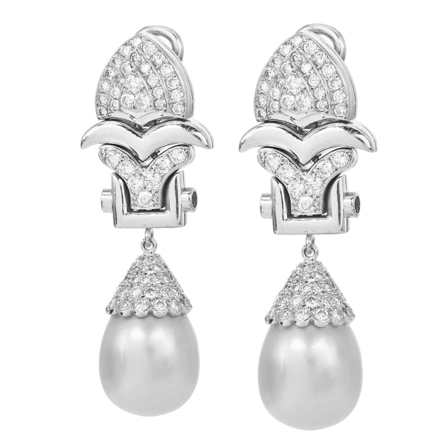 Women's 1980S South Sea Pearl Diamond Platinum Scalloped Dangle Drop Earrings For Sale