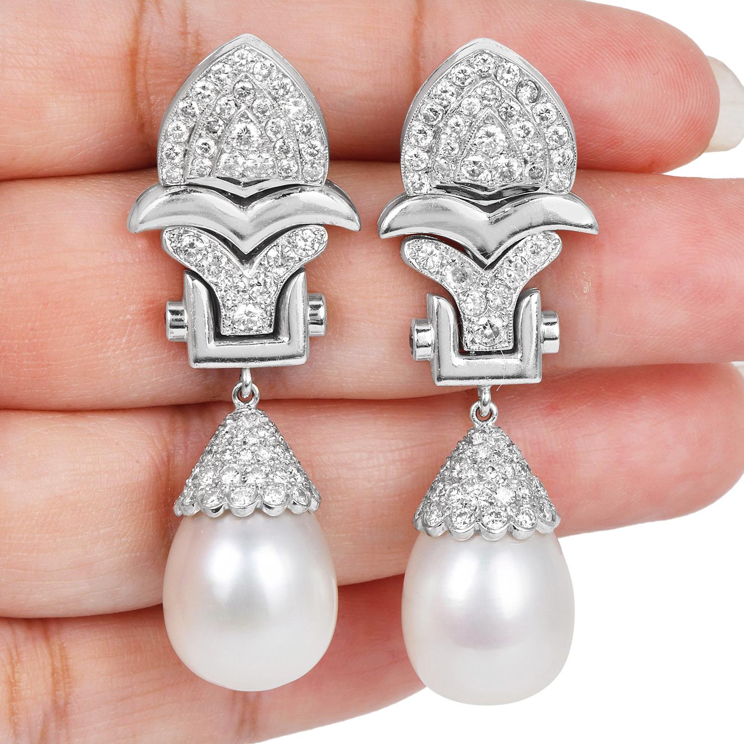 1980S South Sea Pearl Diamond Platinum Scalloped Dangle Drop Earrings For Sale 3