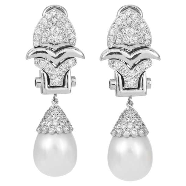 1980S South Sea Pearl Diamond Platinum Scalloped Dangle Drop Earrings ...