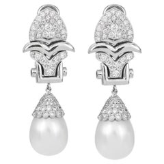 Vintage 1980S South Sea Pearl Diamond Platinum Scalloped Dangle Drop Earrings