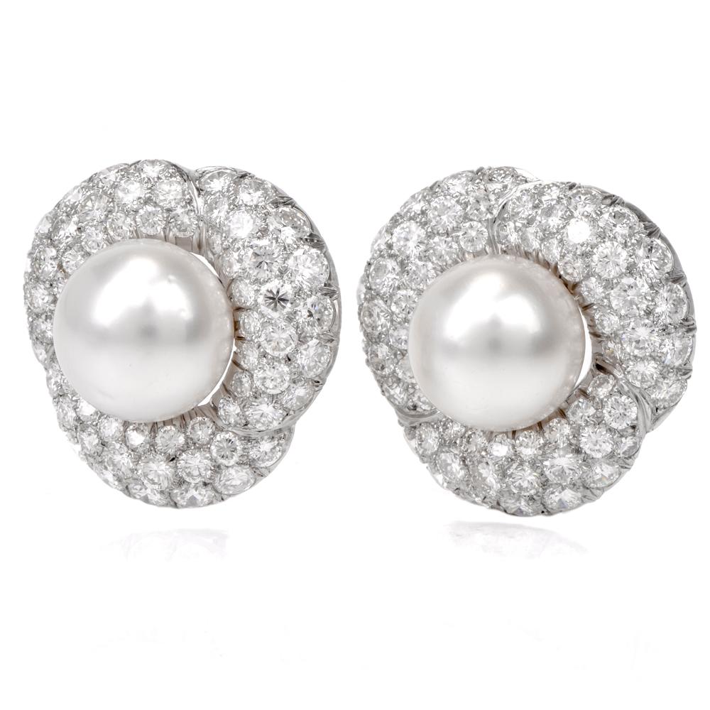 Art Deco 1980s South Sea Pearl Pave Diamond Platinum Clip-Back Earrings