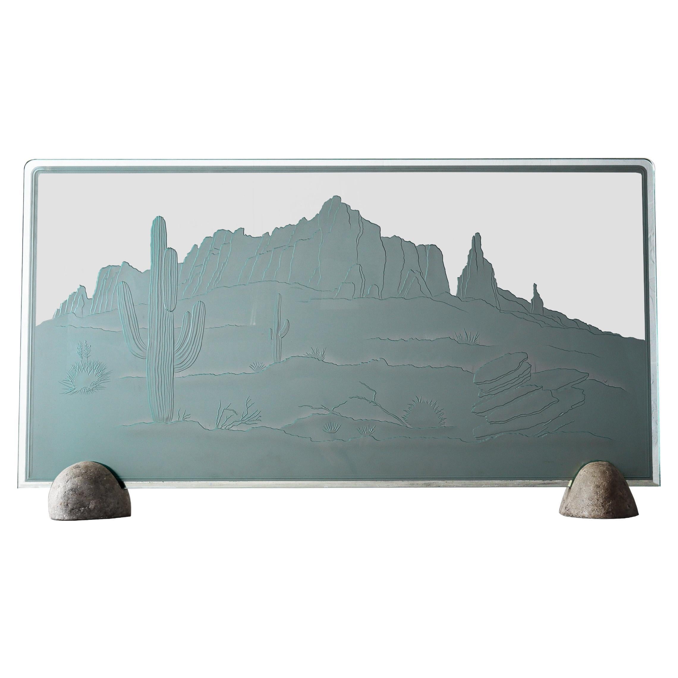 Pantalla de chimenea de vidrio grabado del suroeste de los años 80 en venta