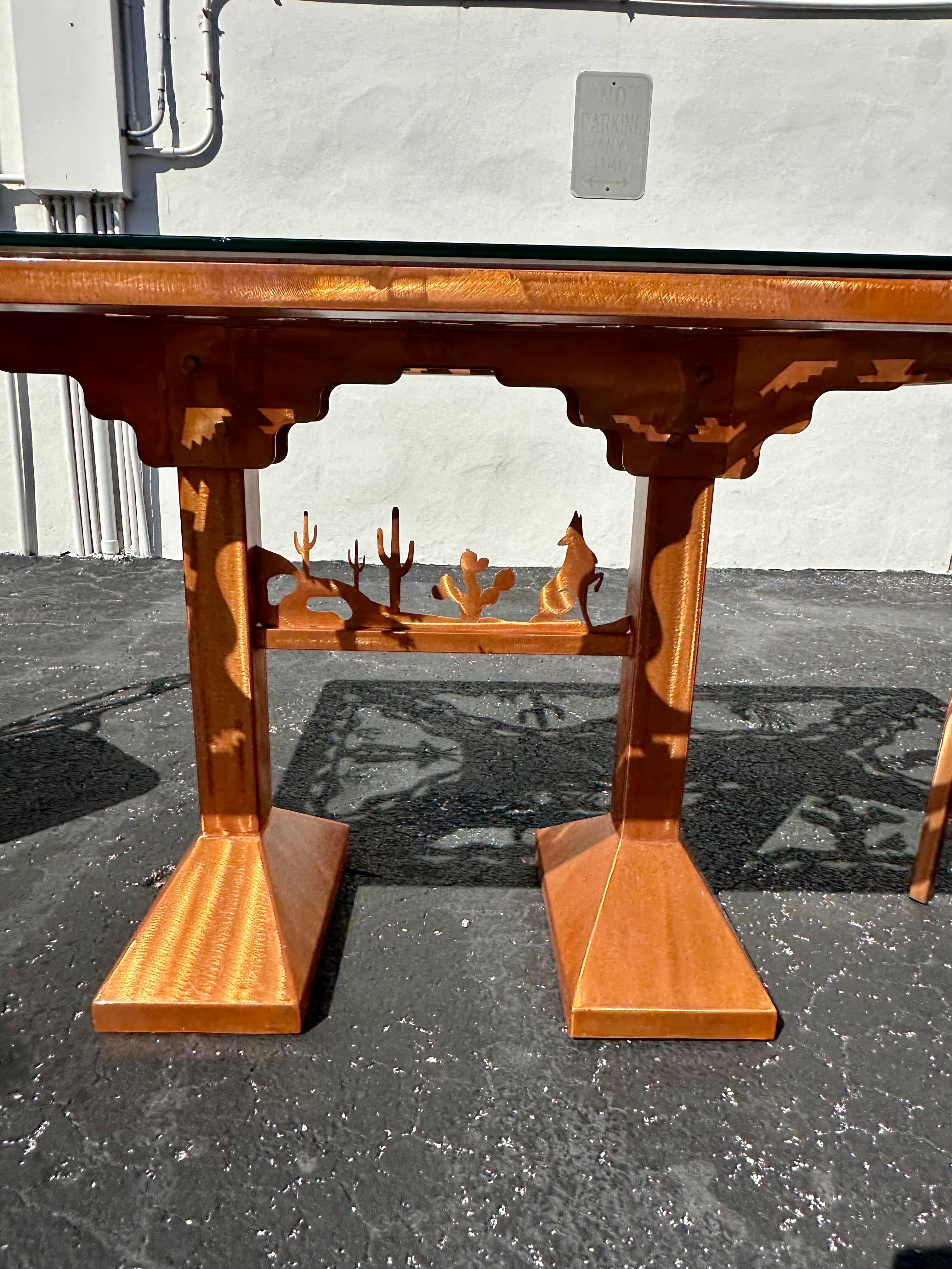Folk Art Brutalist Style Copper Etched Dining Table Chairs, Set of 5 For Sale 5