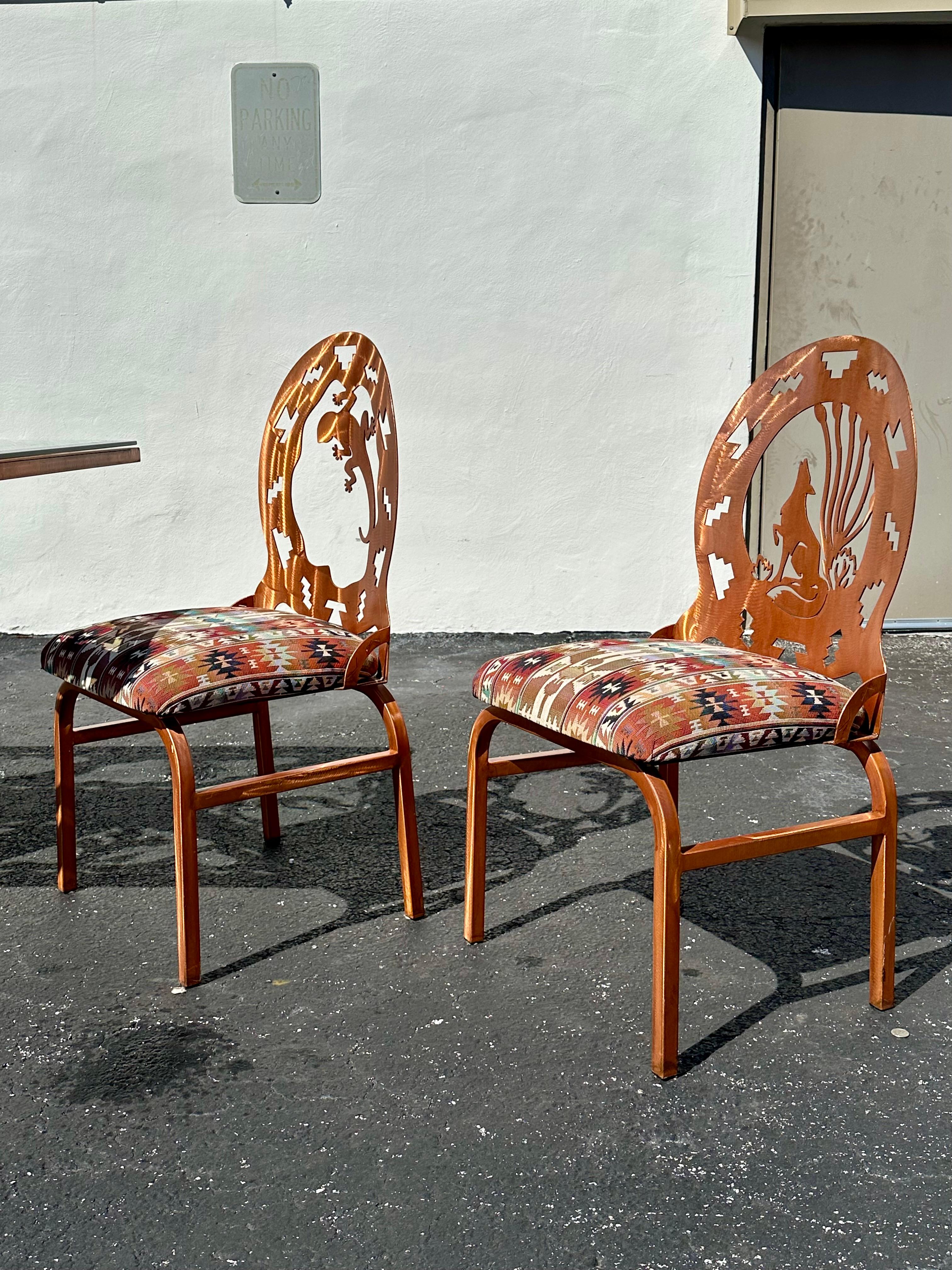 Folk Art Brutalist Style Copper Etched Dining Table Chairs, Set of 5 For Sale 7