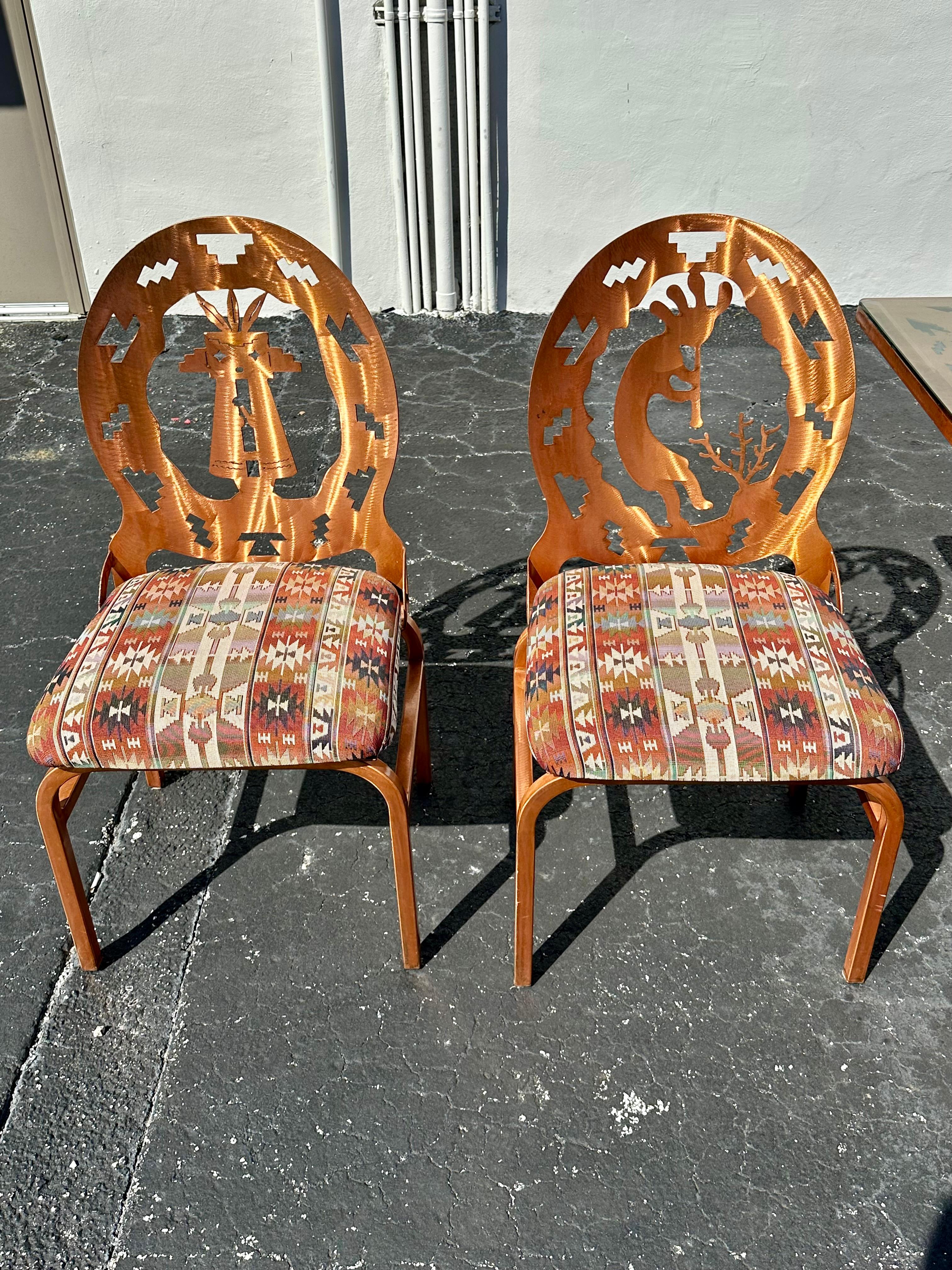 Folk Art Brutalist Style Copper Etched Dining Table Chairs, Set of 5 For Sale 10