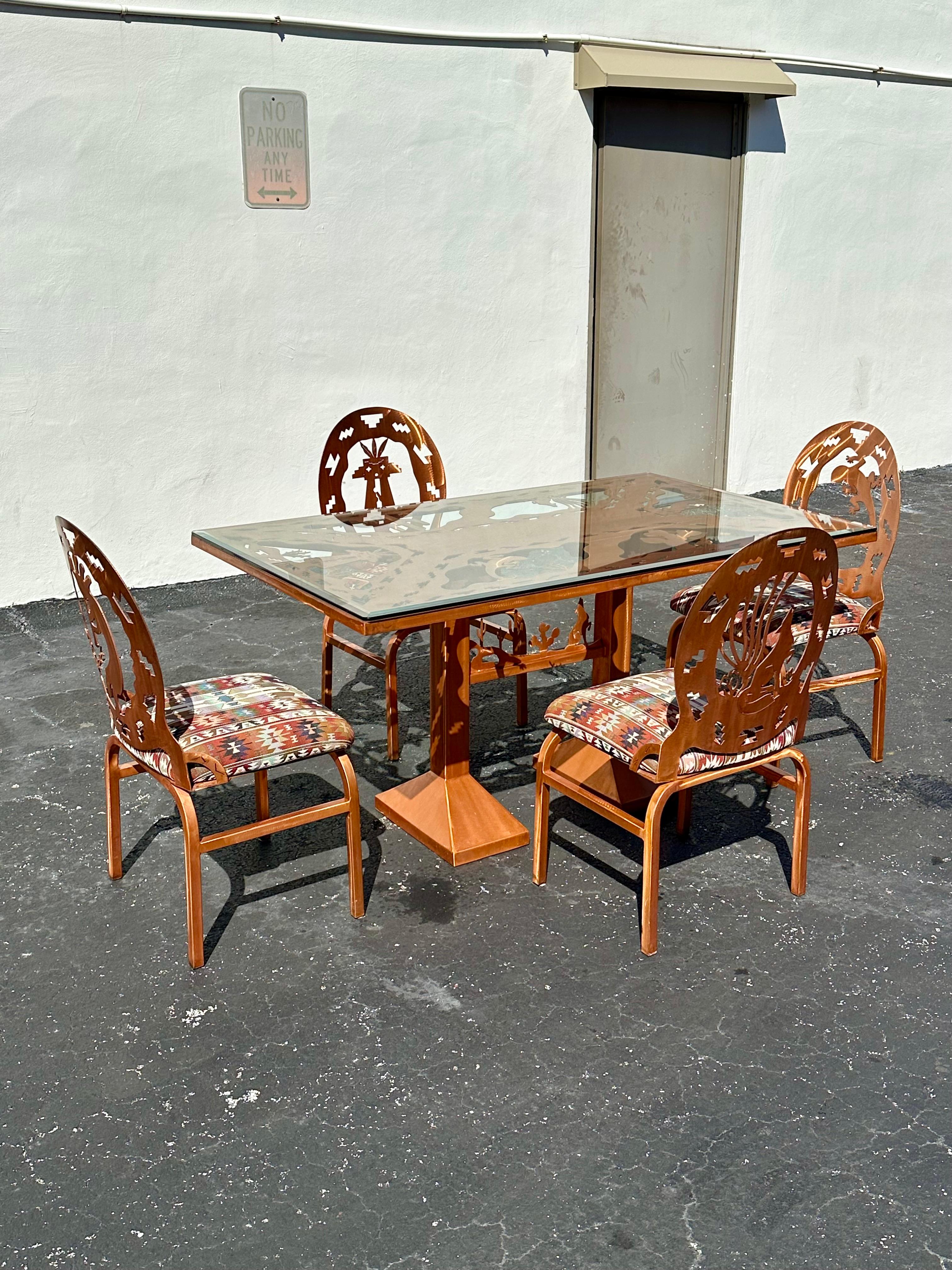 Indulge in the timeless elegance of this exquisite, Southwestern Style hand crafted, one of kind dining set, dating back to the 1980s. Outstanding design is exhibited throughout Crafted with meticulous attention to detail, this extremely rare piece