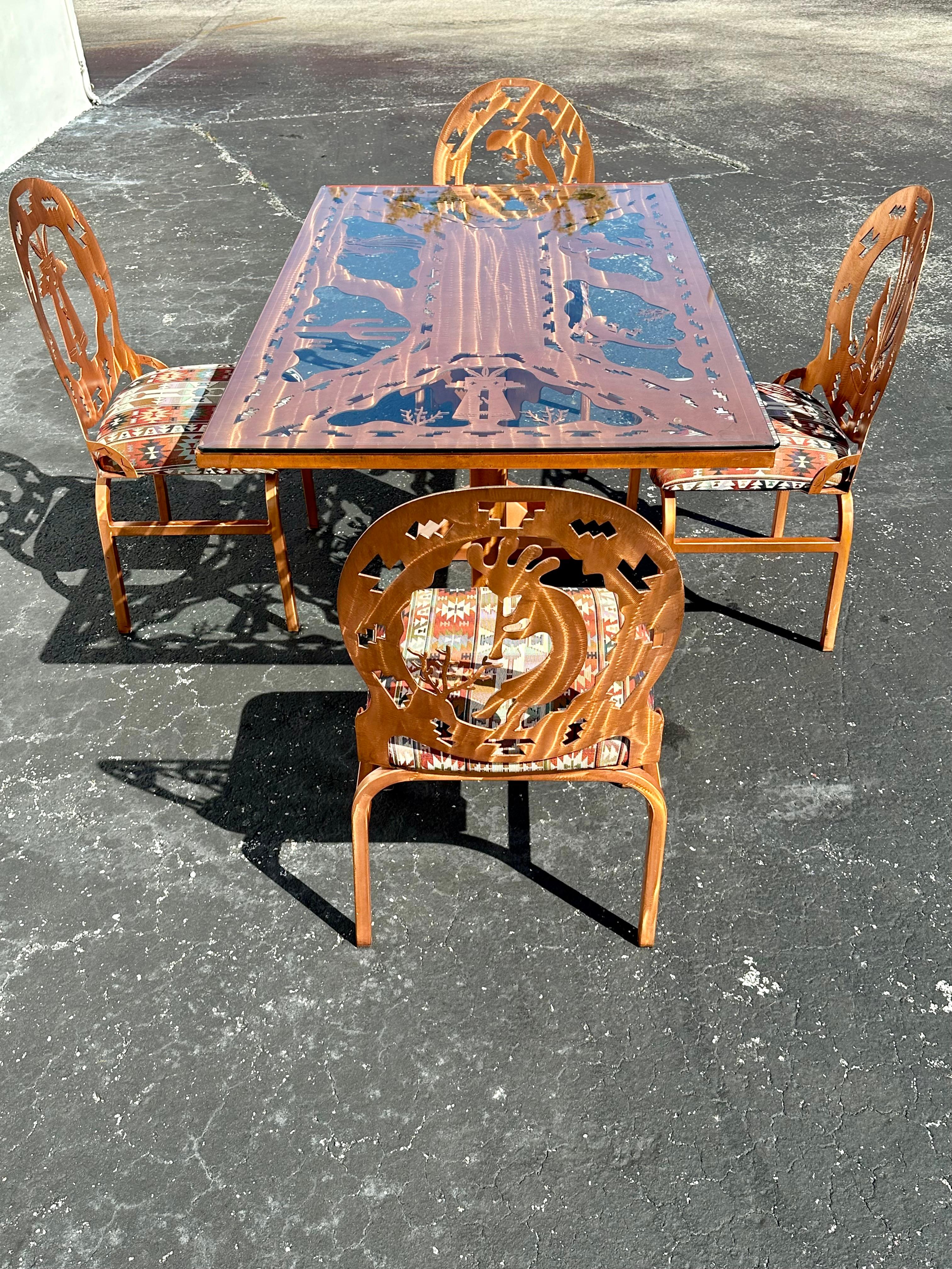 American Folk Art Brutalist Style Copper Etched Dining Table Chairs, Set of 5 For Sale