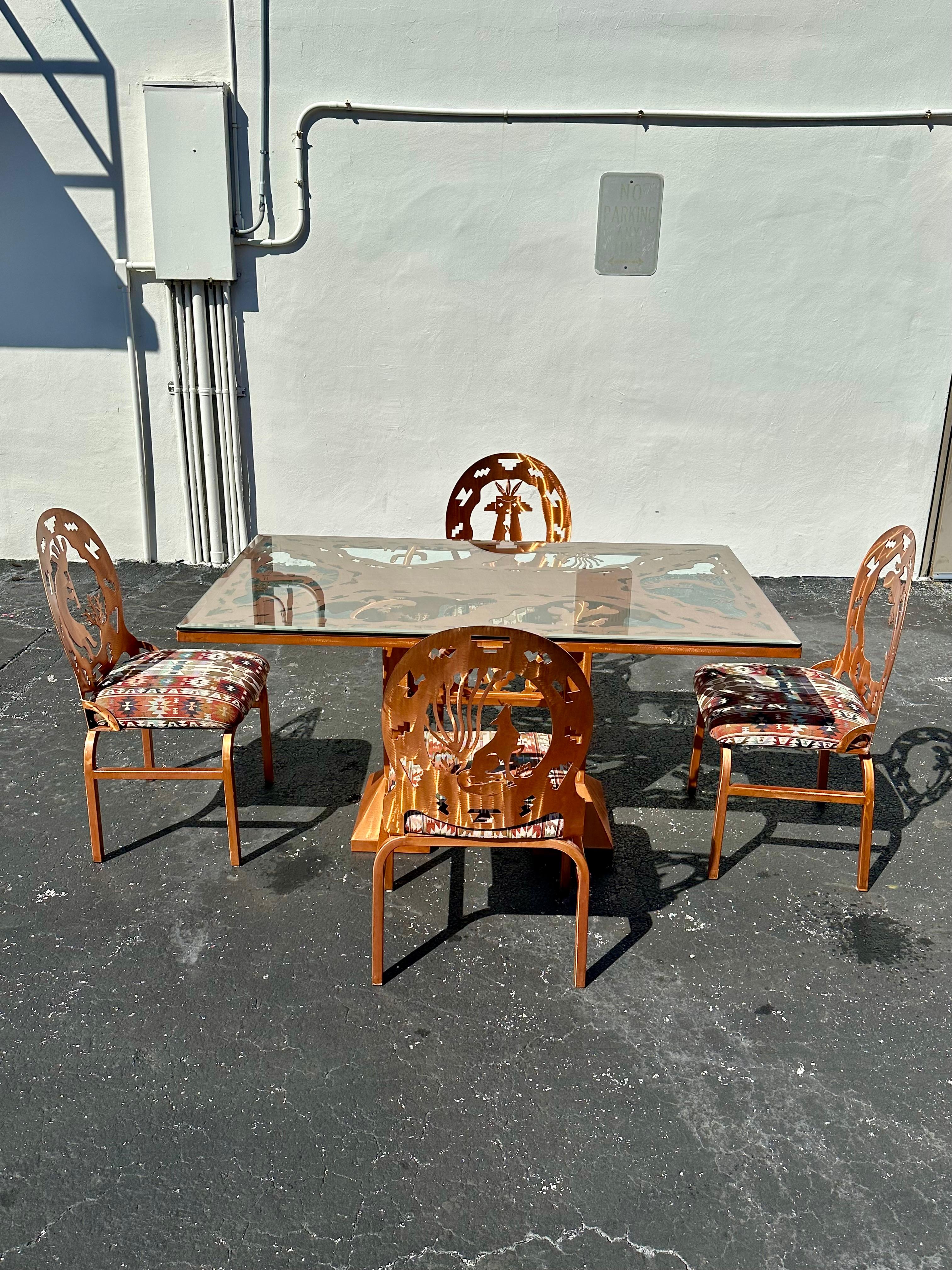 Late 20th Century Folk Art Brutalist Style Copper Etched Dining Table Chairs, Set of 5 For Sale