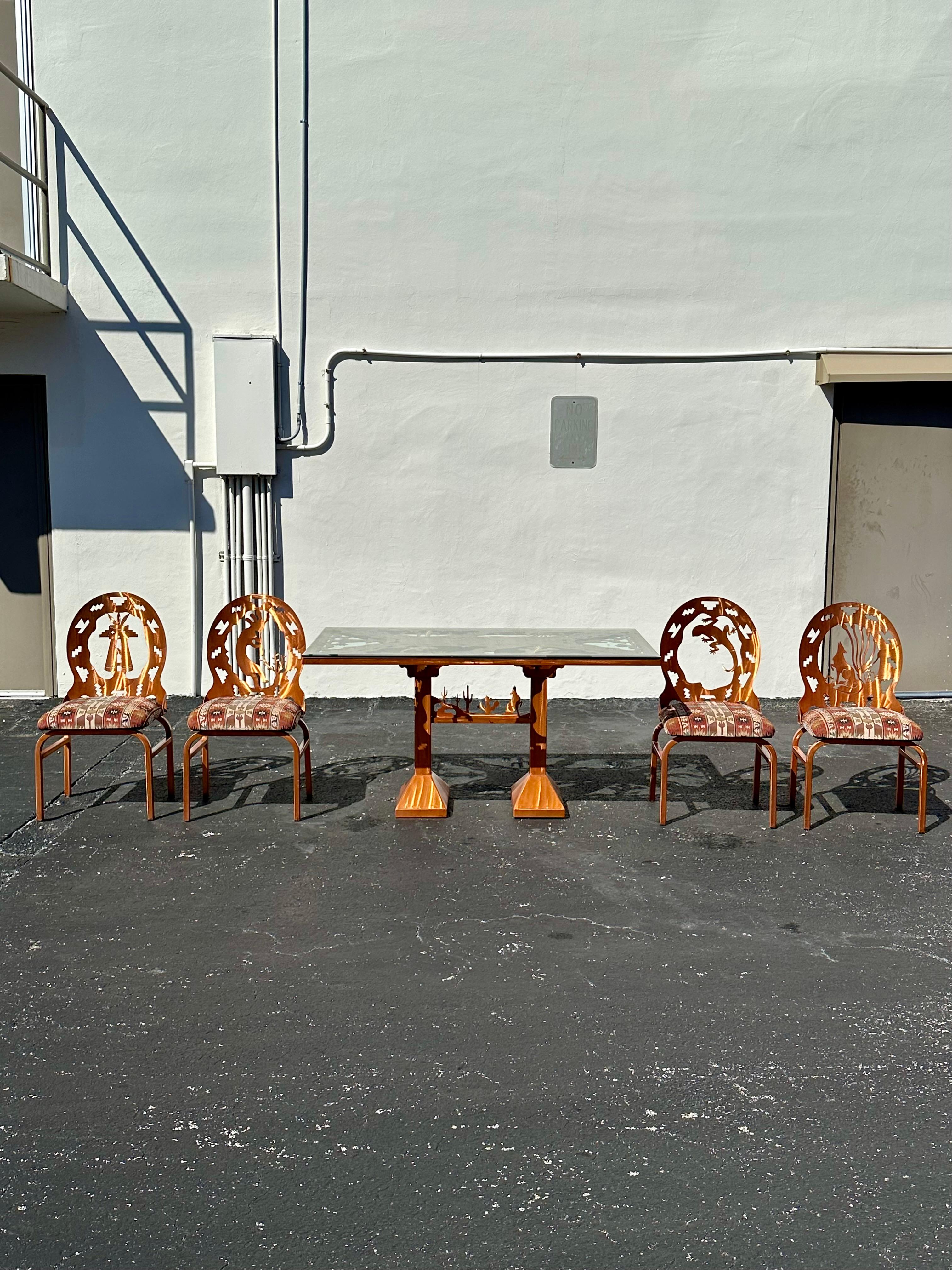 Metal Folk Art Brutalist Style Copper Etched Dining Table Chairs, Set of 5 For Sale