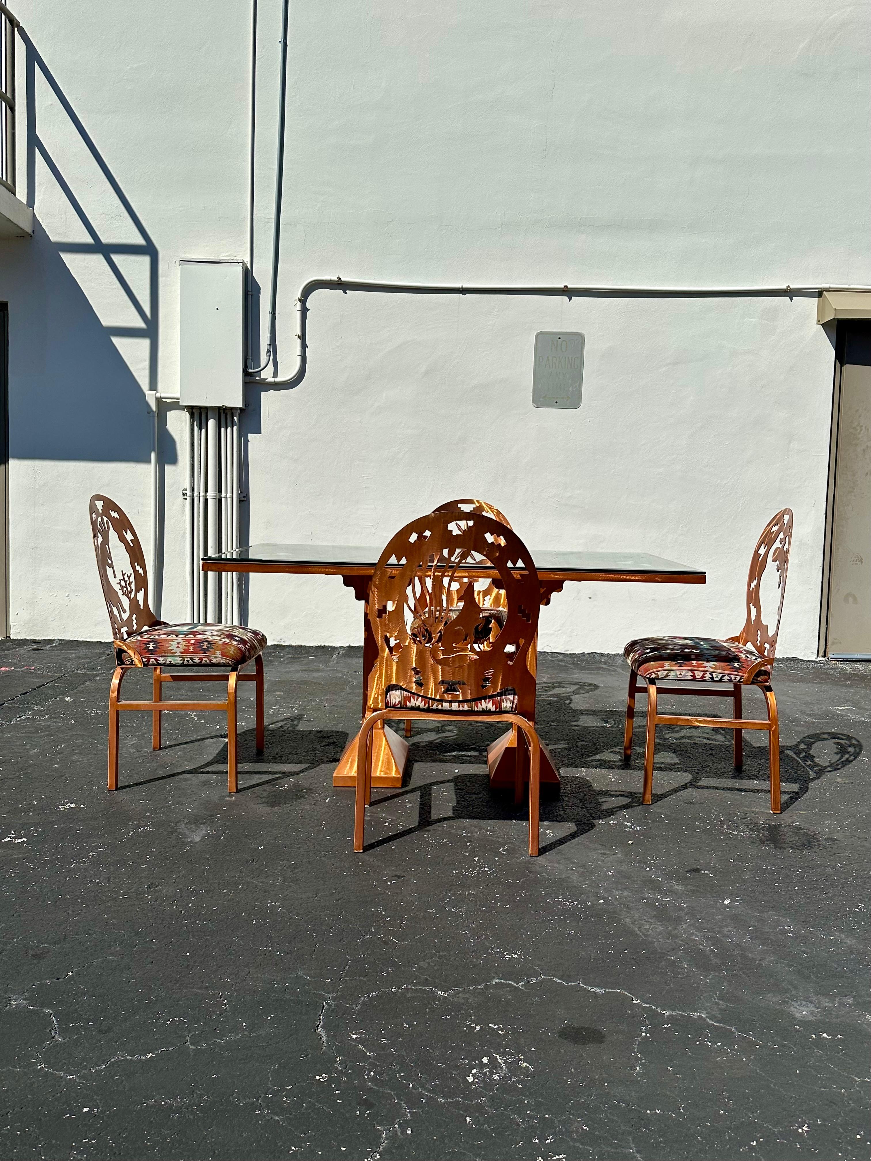 Folk Art Brutalist Style Copper Etched Dining Table Chairs, Set of 5 For Sale 1