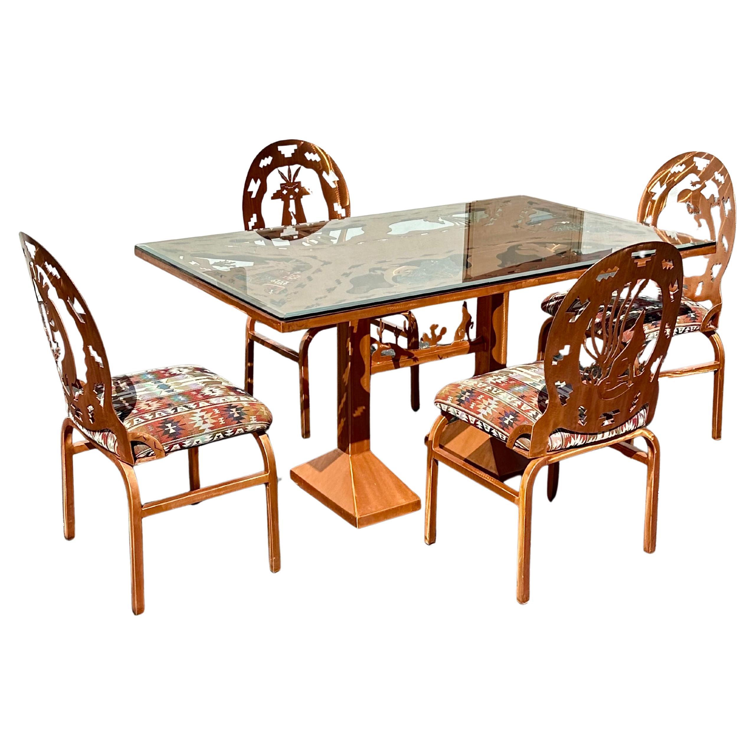 Folk Art Brutalist Style Copper Etched Dining Table Chairs, Set of 5