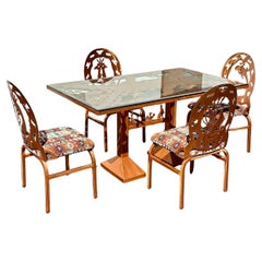 Folk Art Brutalist Style Copper Etched Dining Table Chairs, Set of 5