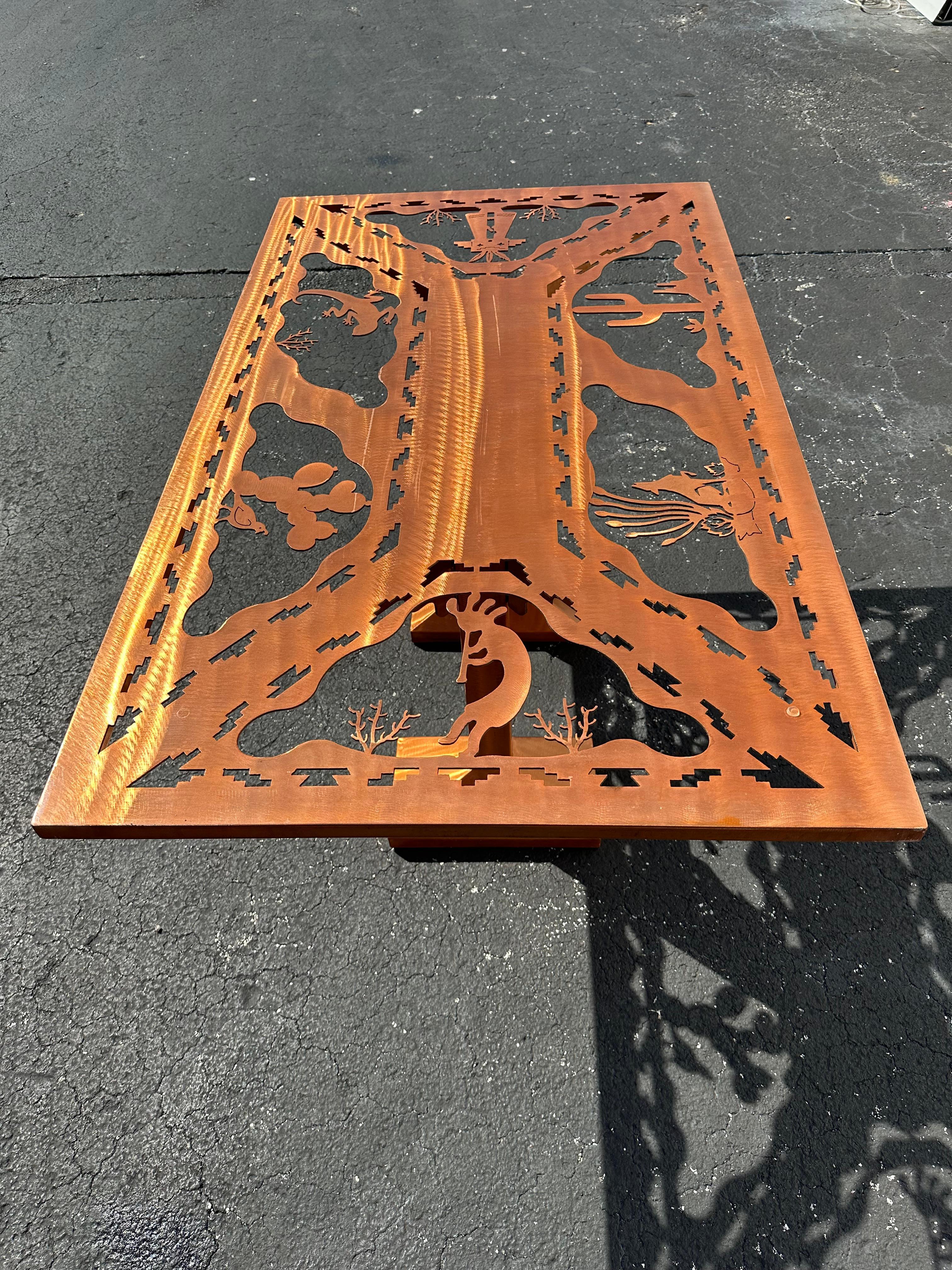 Folk Art Brutalist Style Copper Etched Dining Table Chairs, Set of 5 For Sale 4