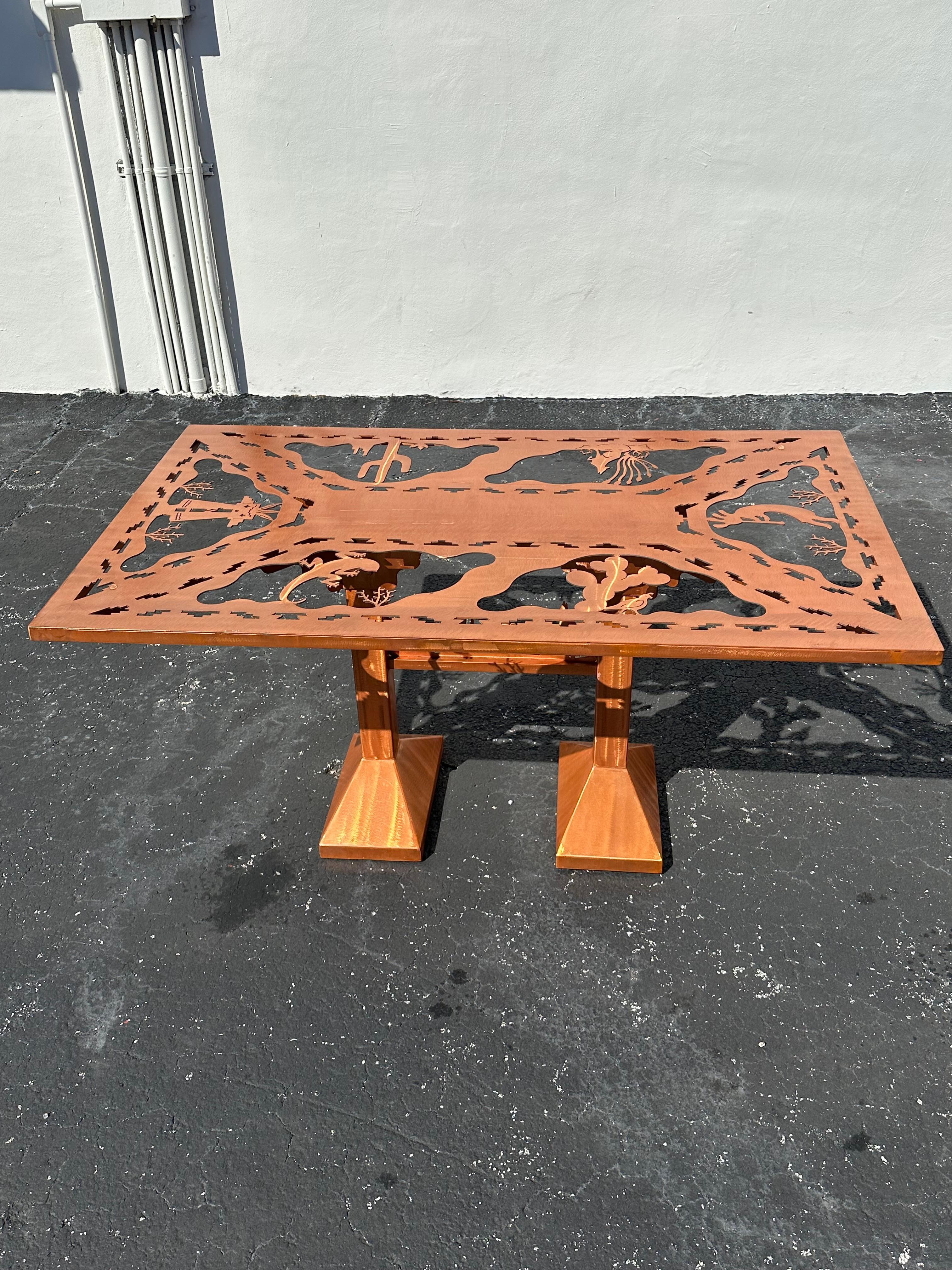 Folk Art Brutalist Style Copper Etched Dining Table Chairs, Set of 5 For Sale 2
