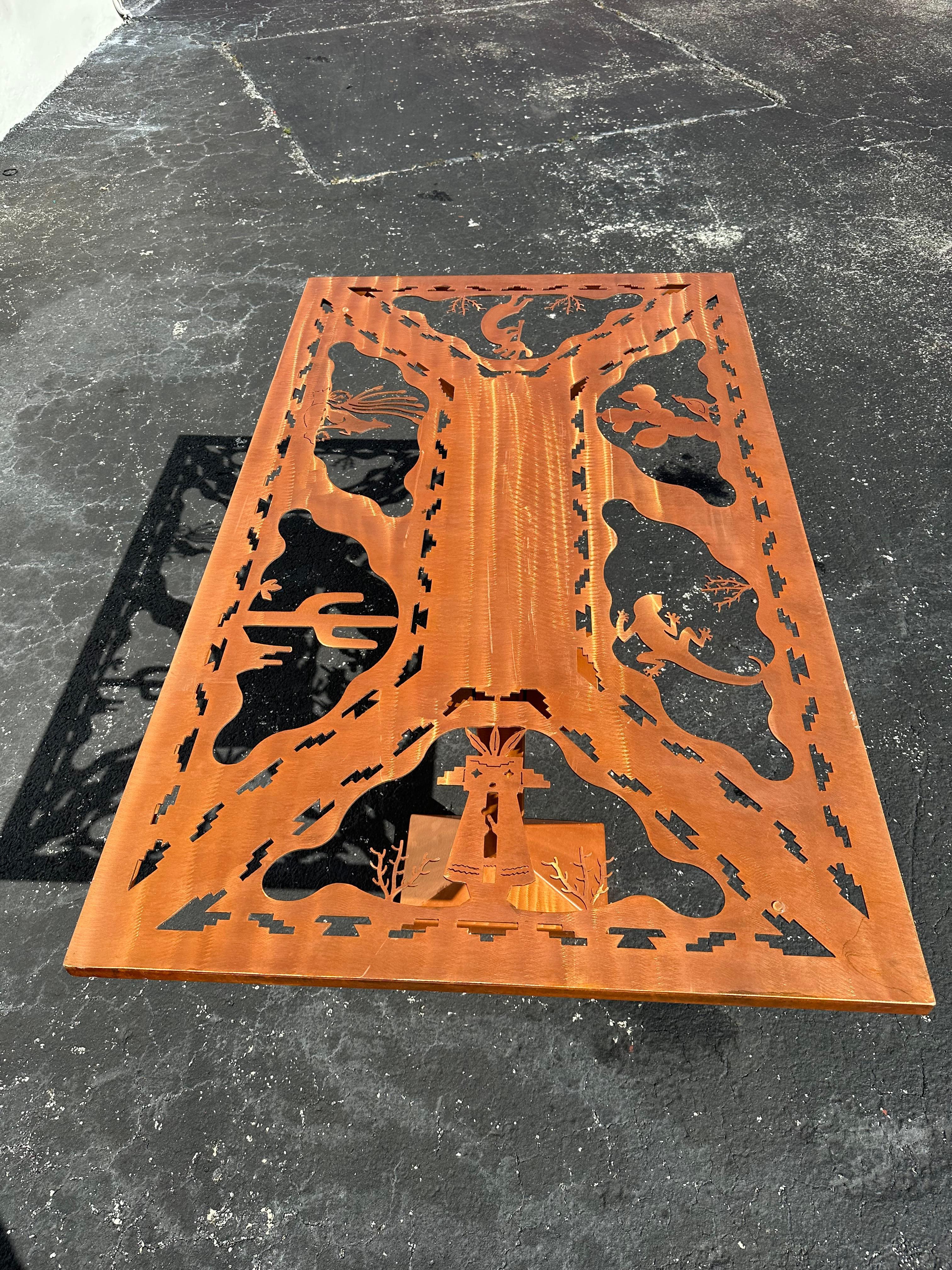 Folk Art Brutalist Style Copper Etched Dining Table Chairs, Set of 5 For Sale 3