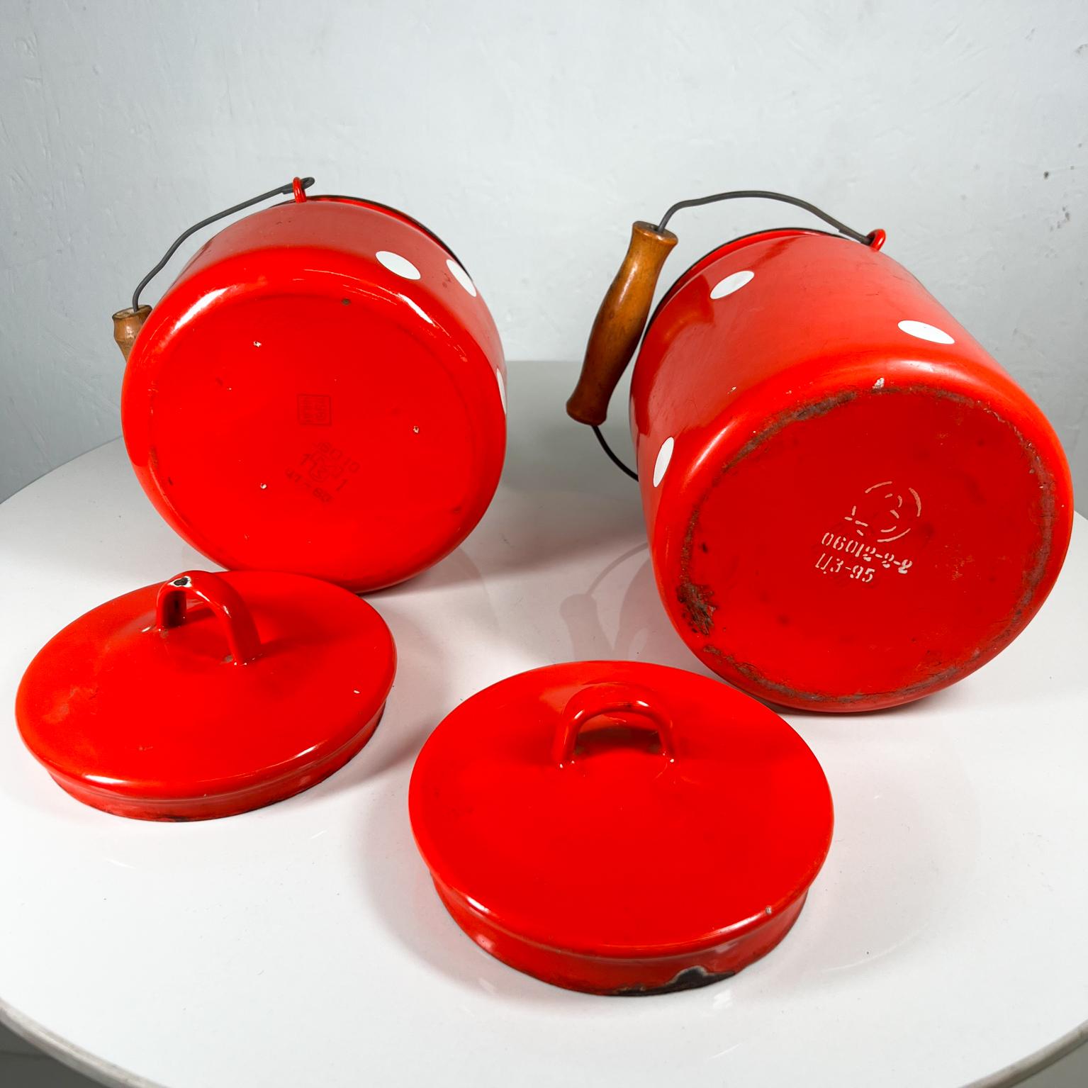 1980s Soviet Red Enamel Polka Dot Lidded Jar Set of 2 with Handle 4