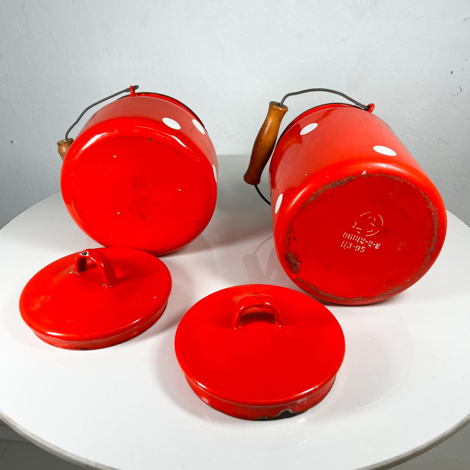 1980s Soviet Red Enamel Polka Dot Lidded Jar Set of 2 with Handle 5