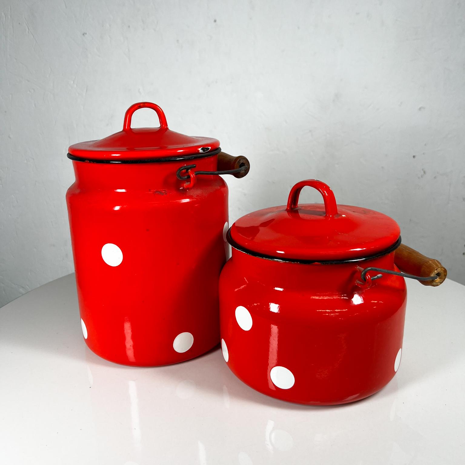 Mid-Century Modern 1980s Soviet Red Enamel Polka Dot Lidded Jar Set of 2 with Handle