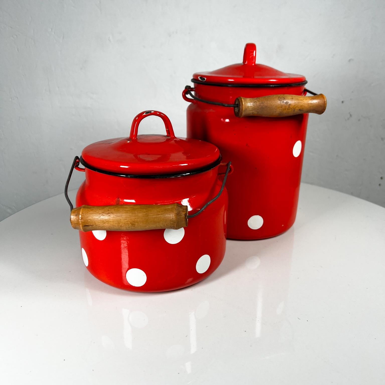 Late 20th Century 1980s Soviet Red Enamel Polka Dot Lidded Jar Set of 2 with Handle