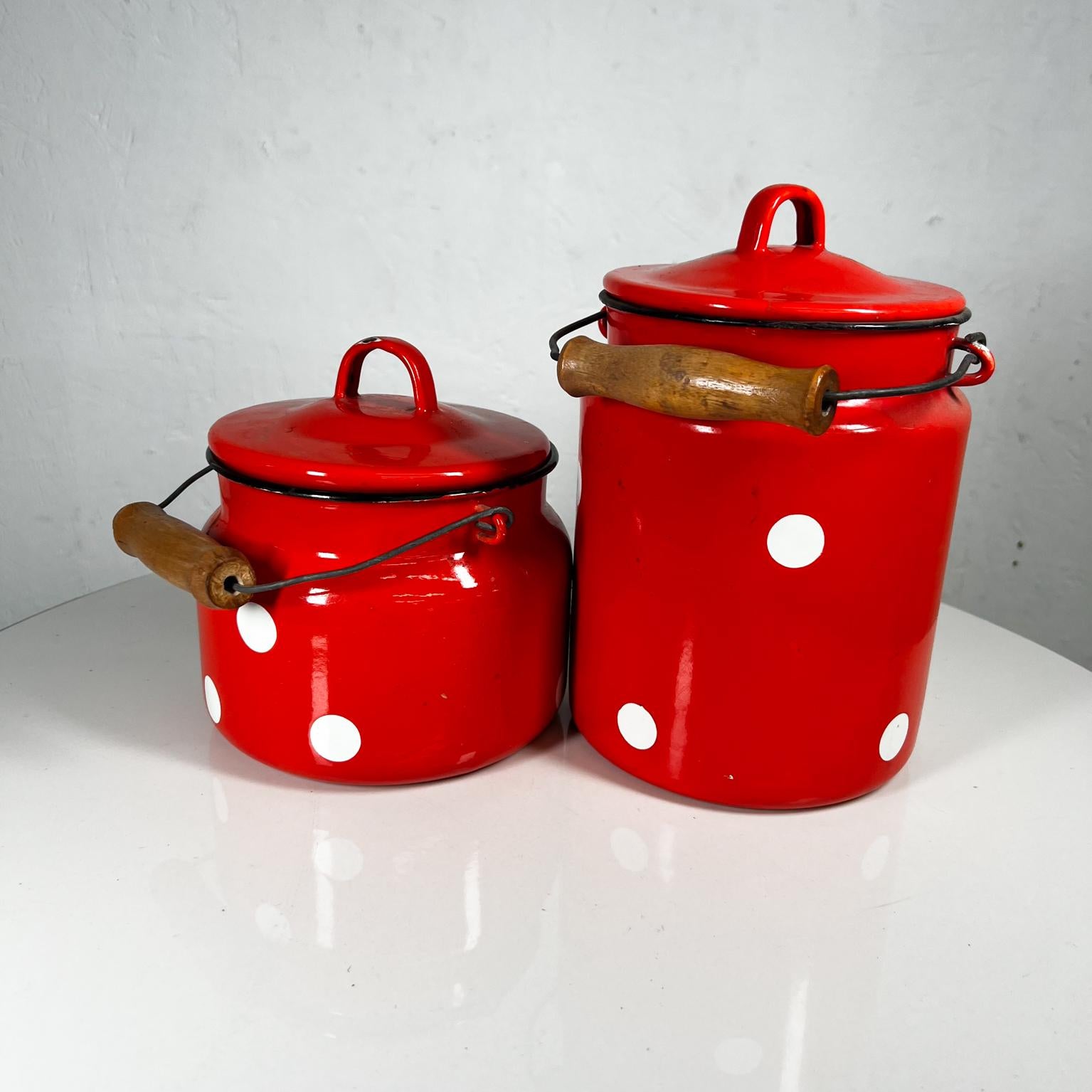 Metal 1980s Soviet Red Enamel Polka Dot Lidded Jar Set of 2 with Handle