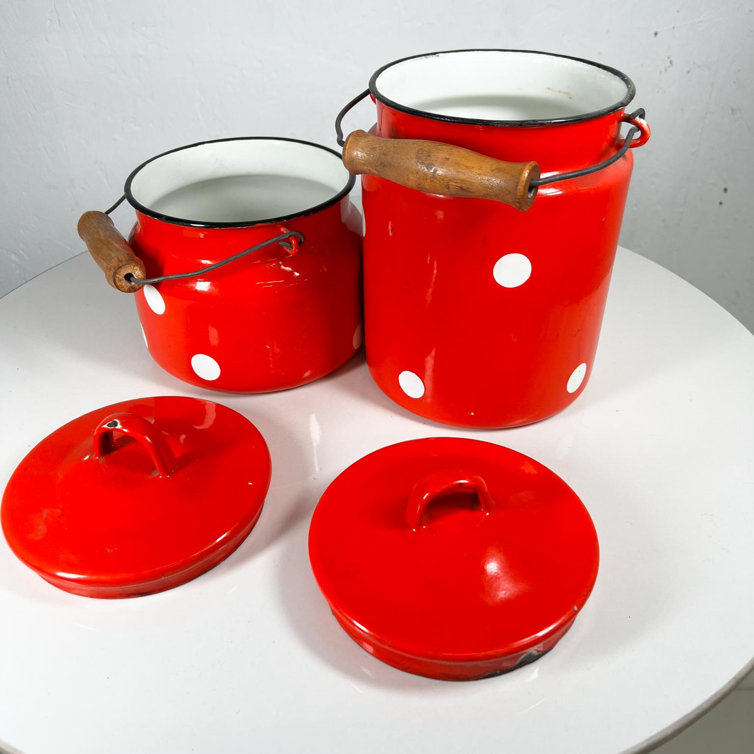 1980s Soviet Red Enamel Polka Dot Lidded Jar Set of 2 with Handle 1