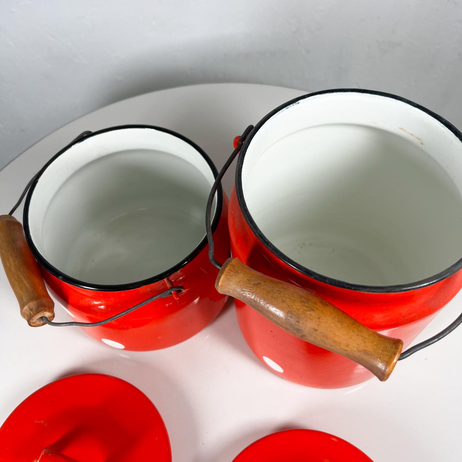 1980s Soviet Red Enamel Polka Dot Lidded Jar Set of 2 with Handle 2