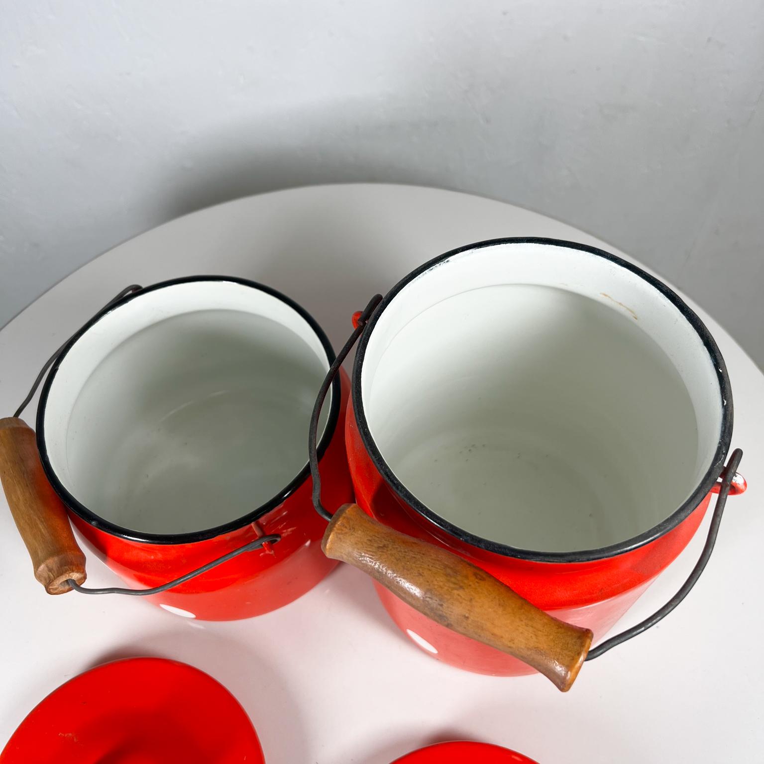 1980s Soviet Red Enamel Polka Dot Lidded Jar Set of 2 with Handle 3