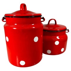 Vintage 1980s Soviet Red Enamel Polka Dot Lidded Jar Set of 2 with Handle 