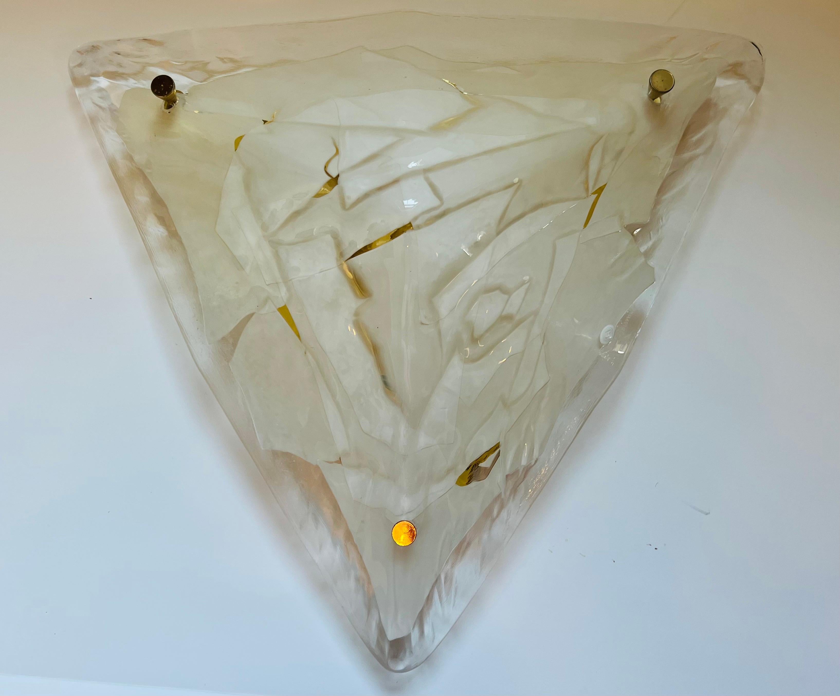 A hand Blown Murano Glass Triangular pyramid clear and white with gold fitting. Made by La Murrumbidgee 1980. Golden brass fixture. Rewired I’m. Three candelabra sockets. Signed.