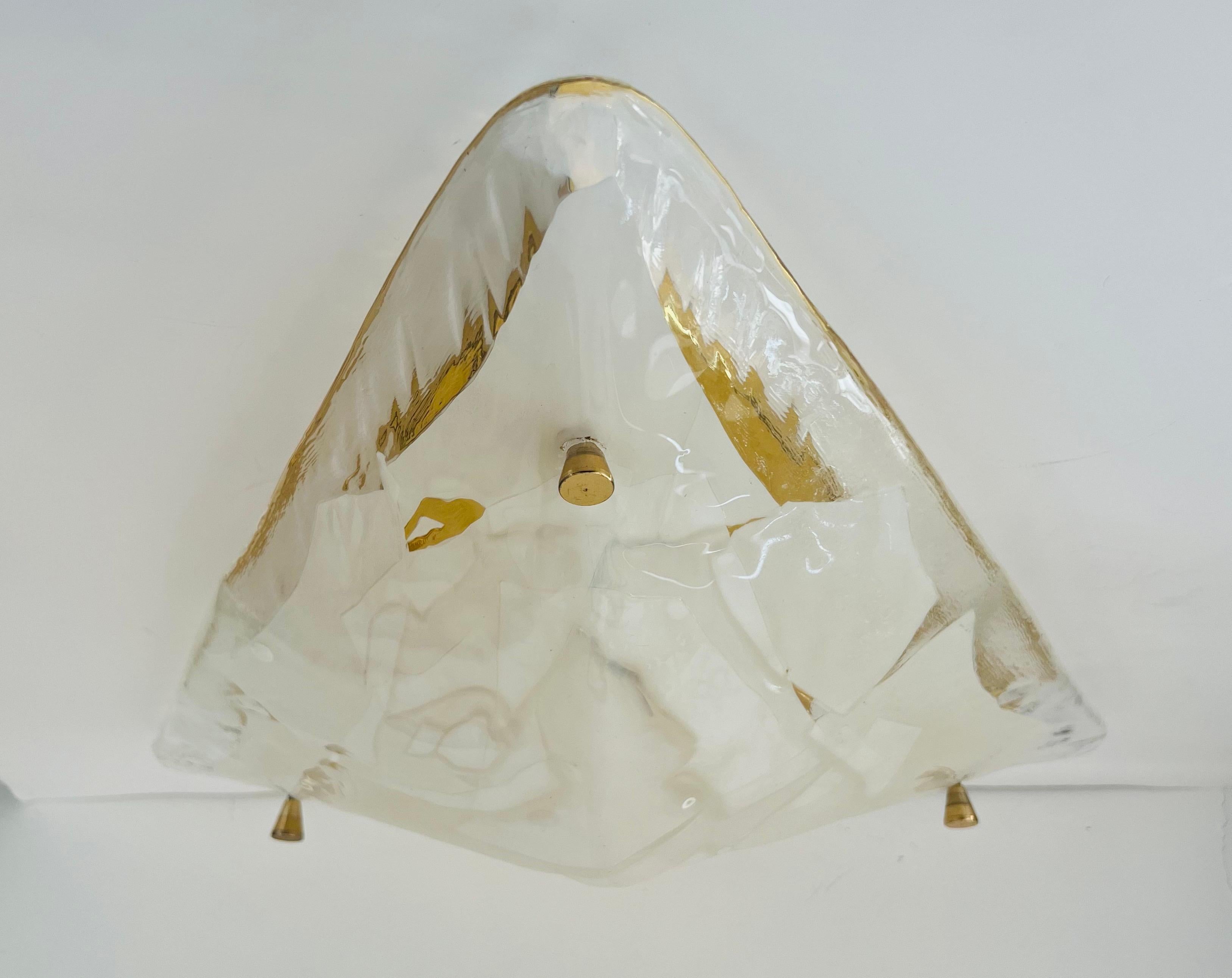 Brass 1980s Space Age Triangular Murano Glass Flush / Wall Light For Sale
