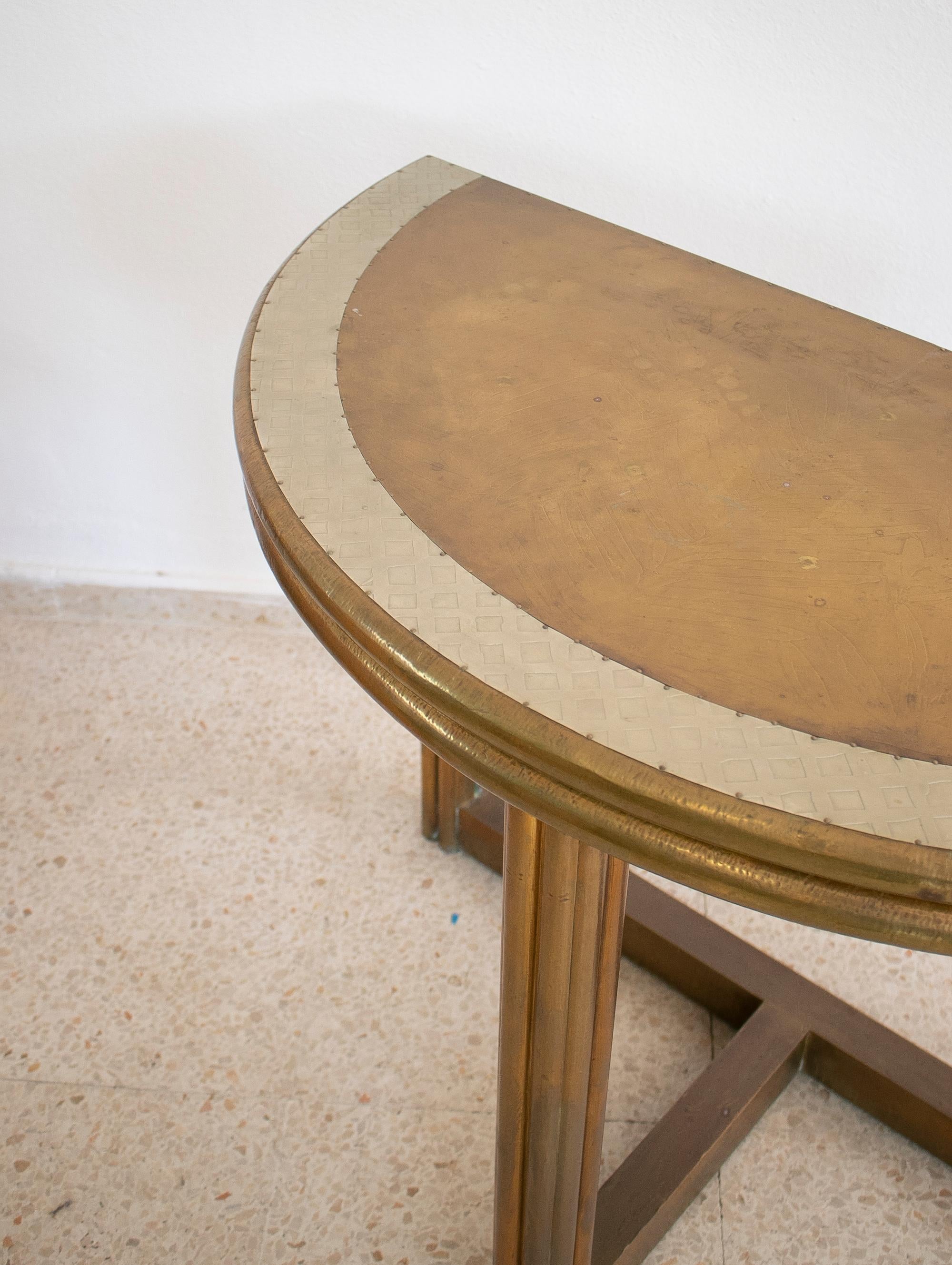 1980s Spanish 2-Tone Bronze on Wood Round Folding Table Signed 