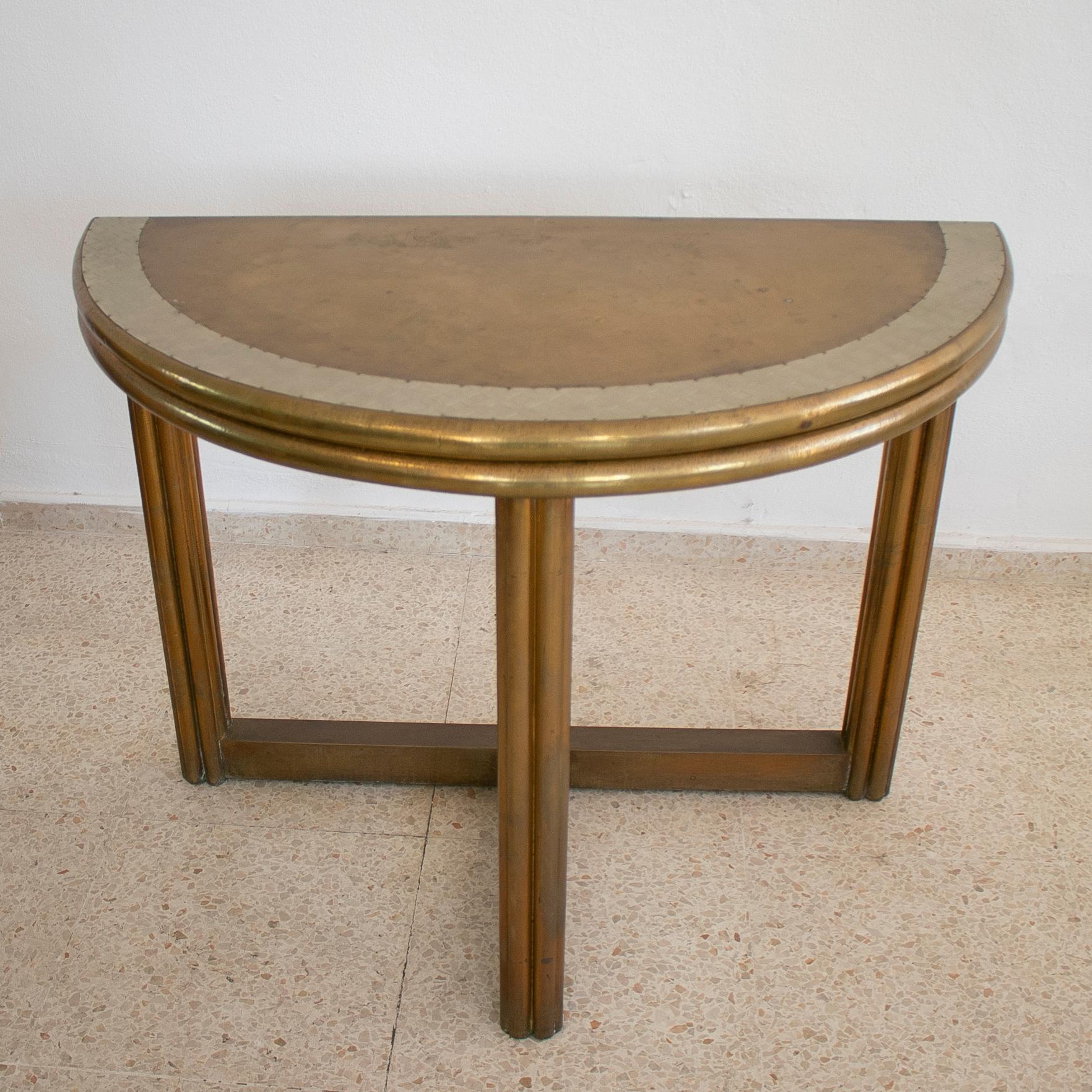 Vintage 1980s Spanish handcrafted 2-tone bronze on wood round folding console table singed 