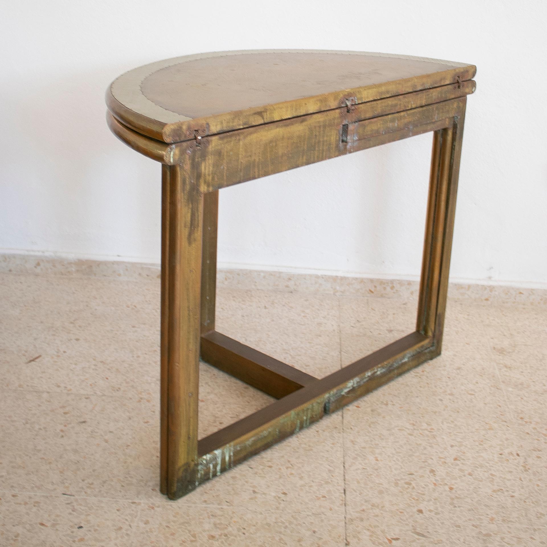 1980s Spanish 2-Tone Bronze on Wood Round Folding Table Signed 
