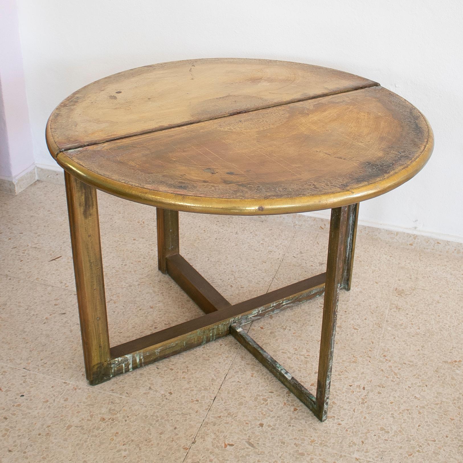 1980s Spanish 2-Tone Bronze on Wood Round Folding Table Signed 