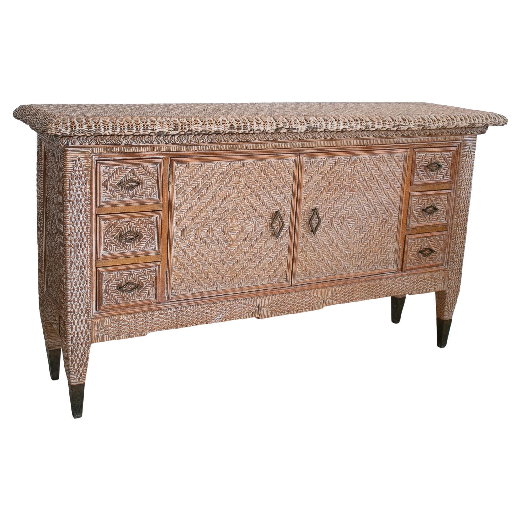 1980s Spanish 6-Drawer & 2-Door Woven Wicker on Wood Sideboard Table For Sale