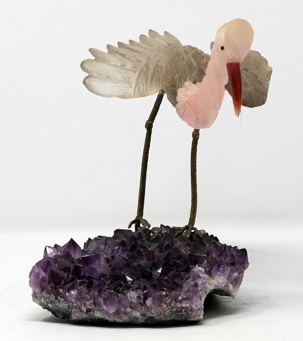 1980s Spanish heron figure sculpture handcrafted with amethyst, three tones of jade an silver.
 