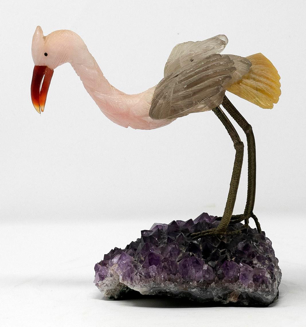 Late 20th Century 1980s Spanish Amethyst Jade and Silver Heron Figure Sculpture