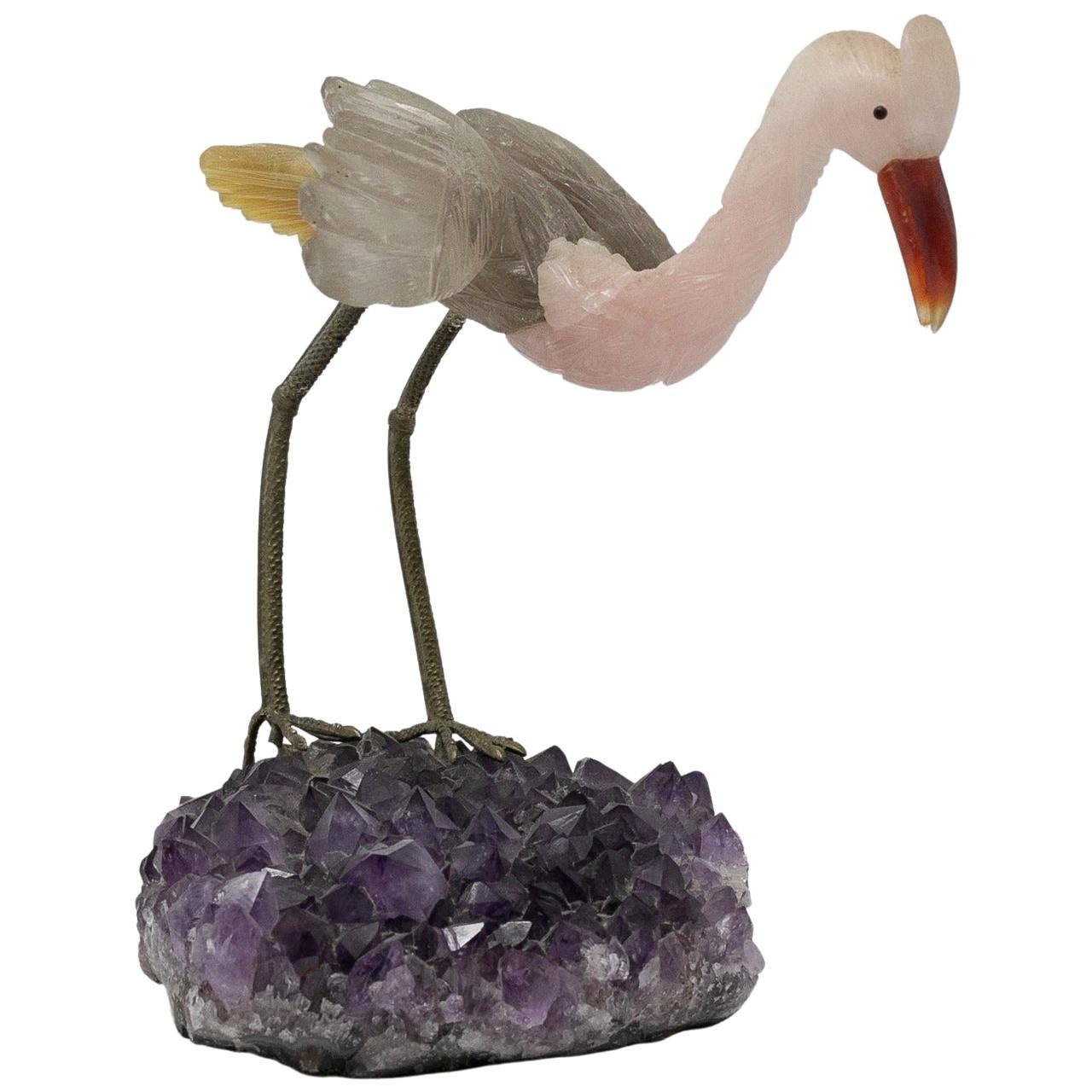 1980s Spanish Amethyst Jade and Silver Heron Figure Sculpture