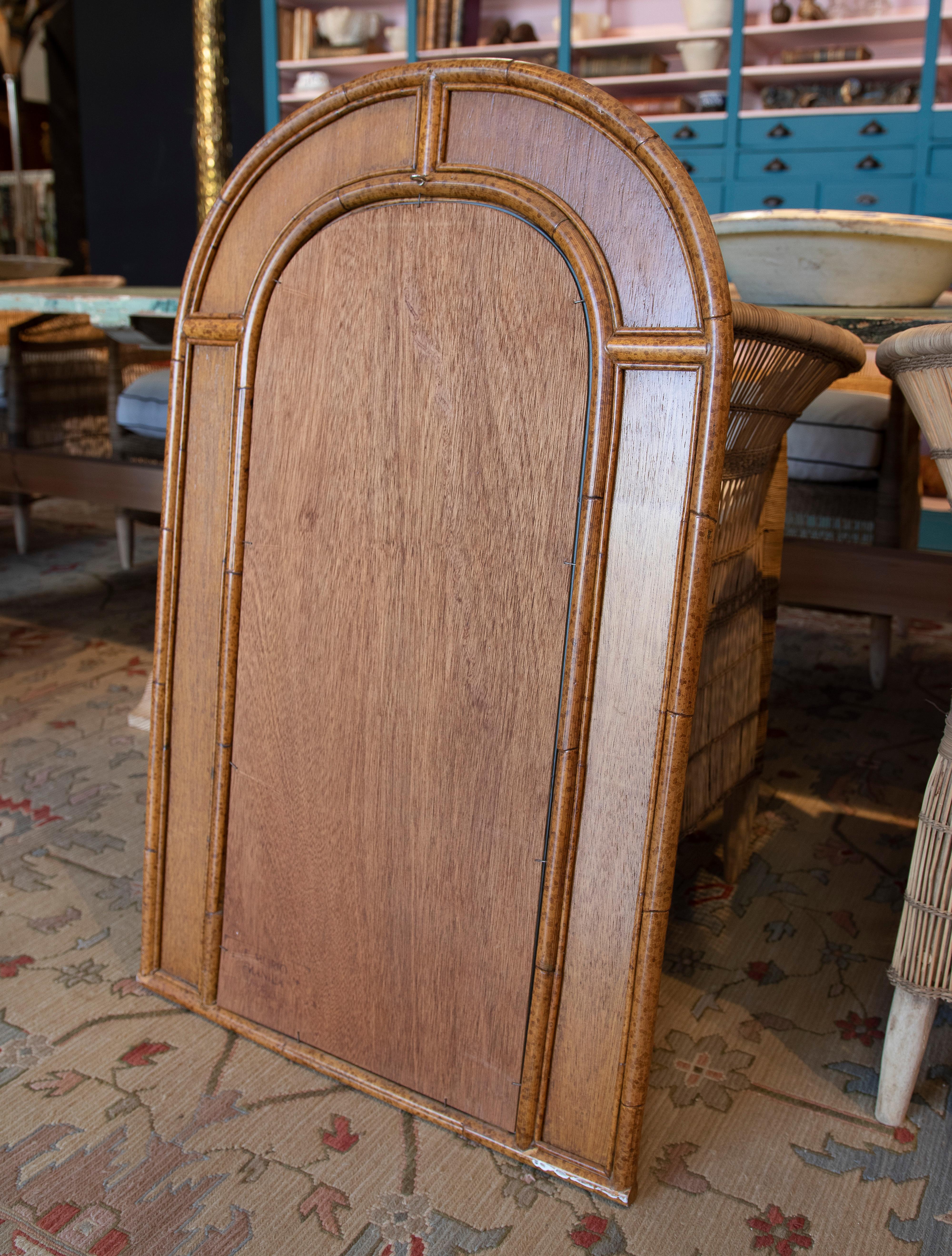 1980s Spanish Arched Bamboo & Cane Wall Mirror w/ Indigo Panels For Sale 6