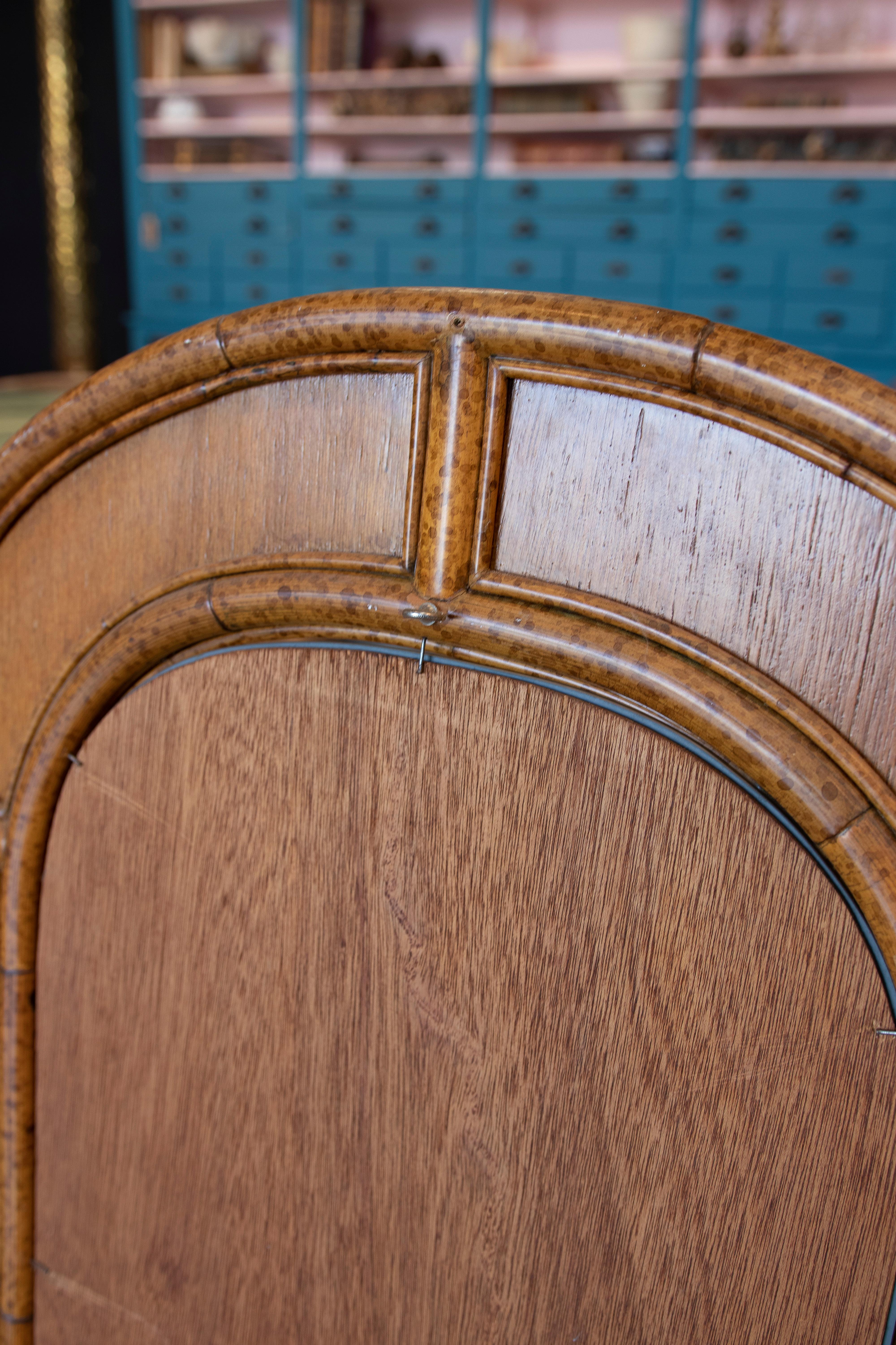 1980s Spanish Arched Bamboo & Cane Wall Mirror w/ Indigo Panels For Sale 8