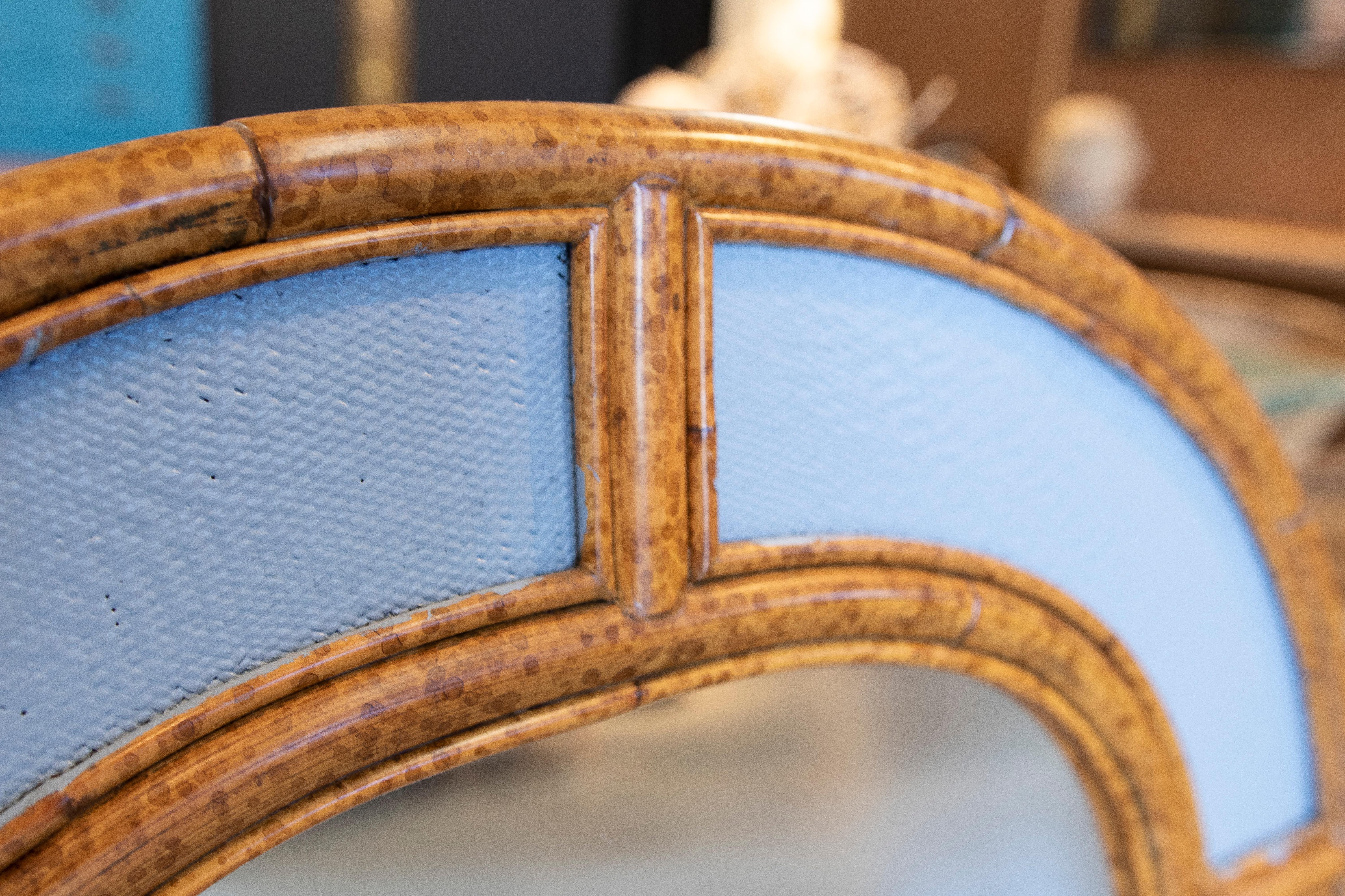 20th Century 1980s Spanish Arched Bamboo & Cane Wall Mirror w/ Indigo Panels For Sale