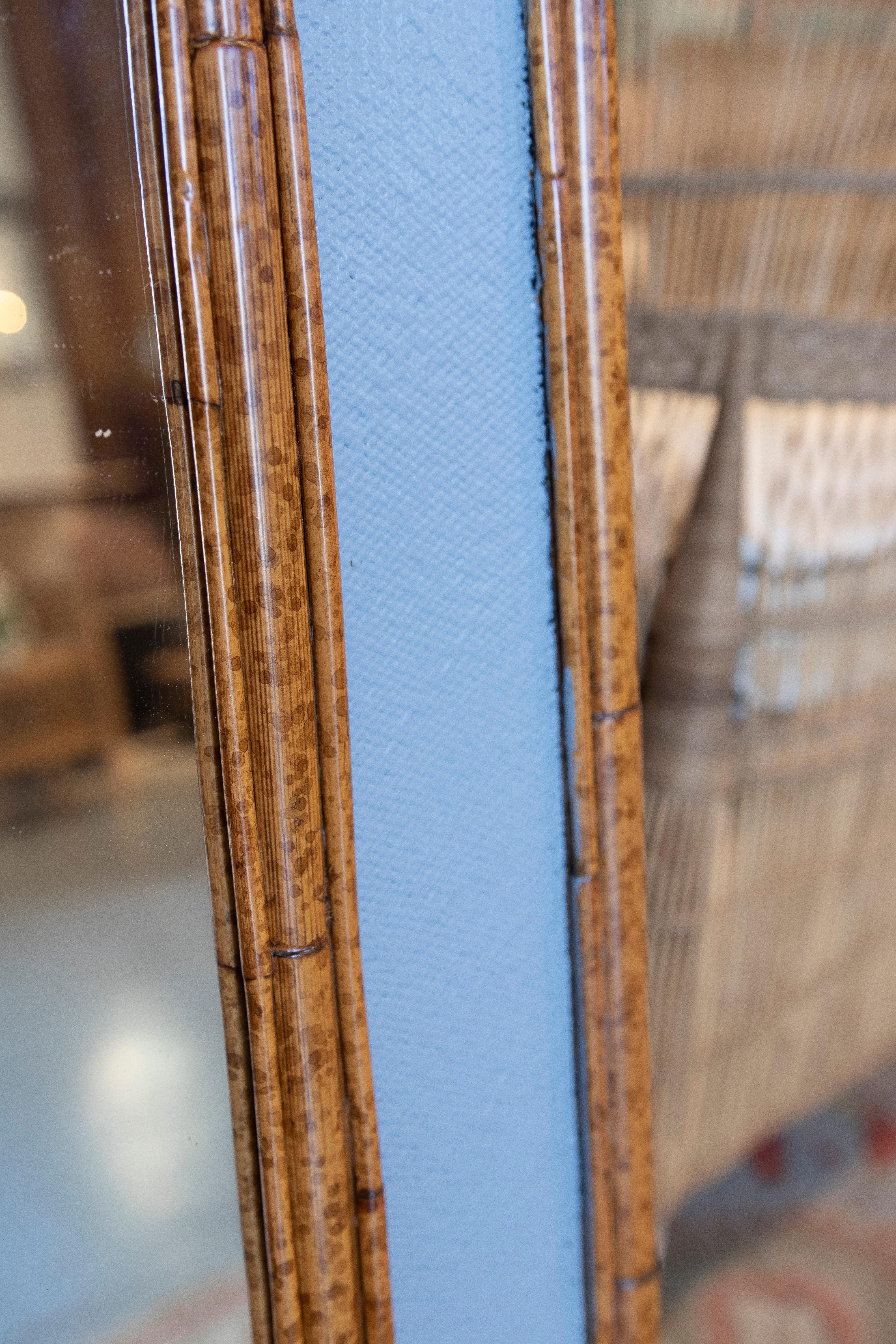1980s Spanish Arched Bamboo & Cane Wall Mirror w/ Indigo Panels For Sale 2